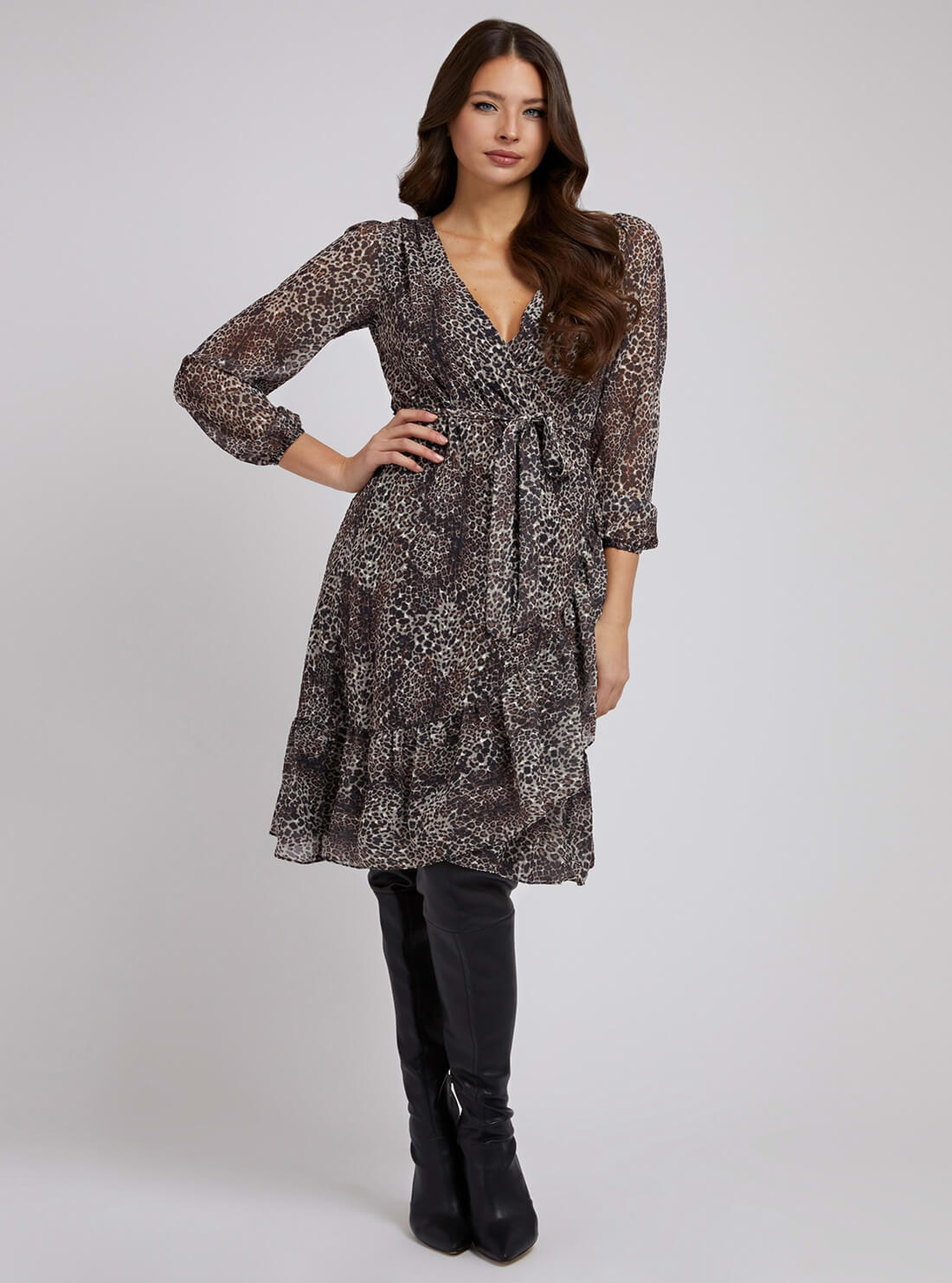 GUESS Womens Wild Cat Print Nina Wrap Midi Dress W2RK23WEE82 Model Full View