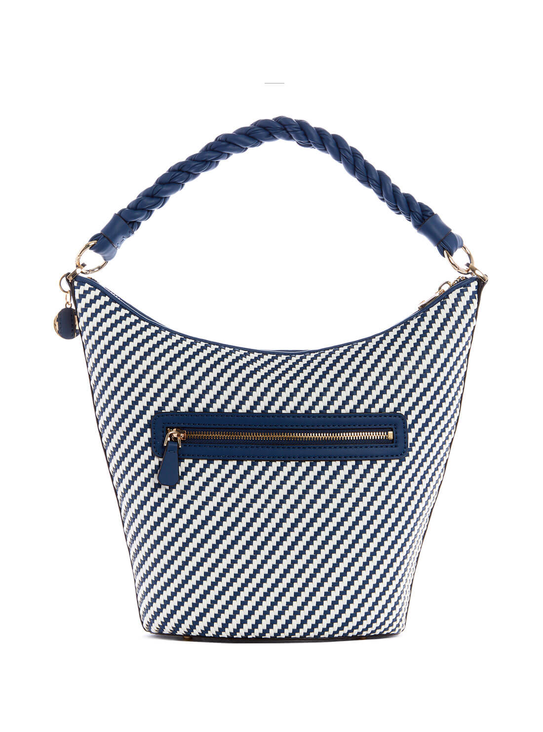 GUESS Womens Navy Woven Hassie Bucket Hobo Satchel VG839702 Back View