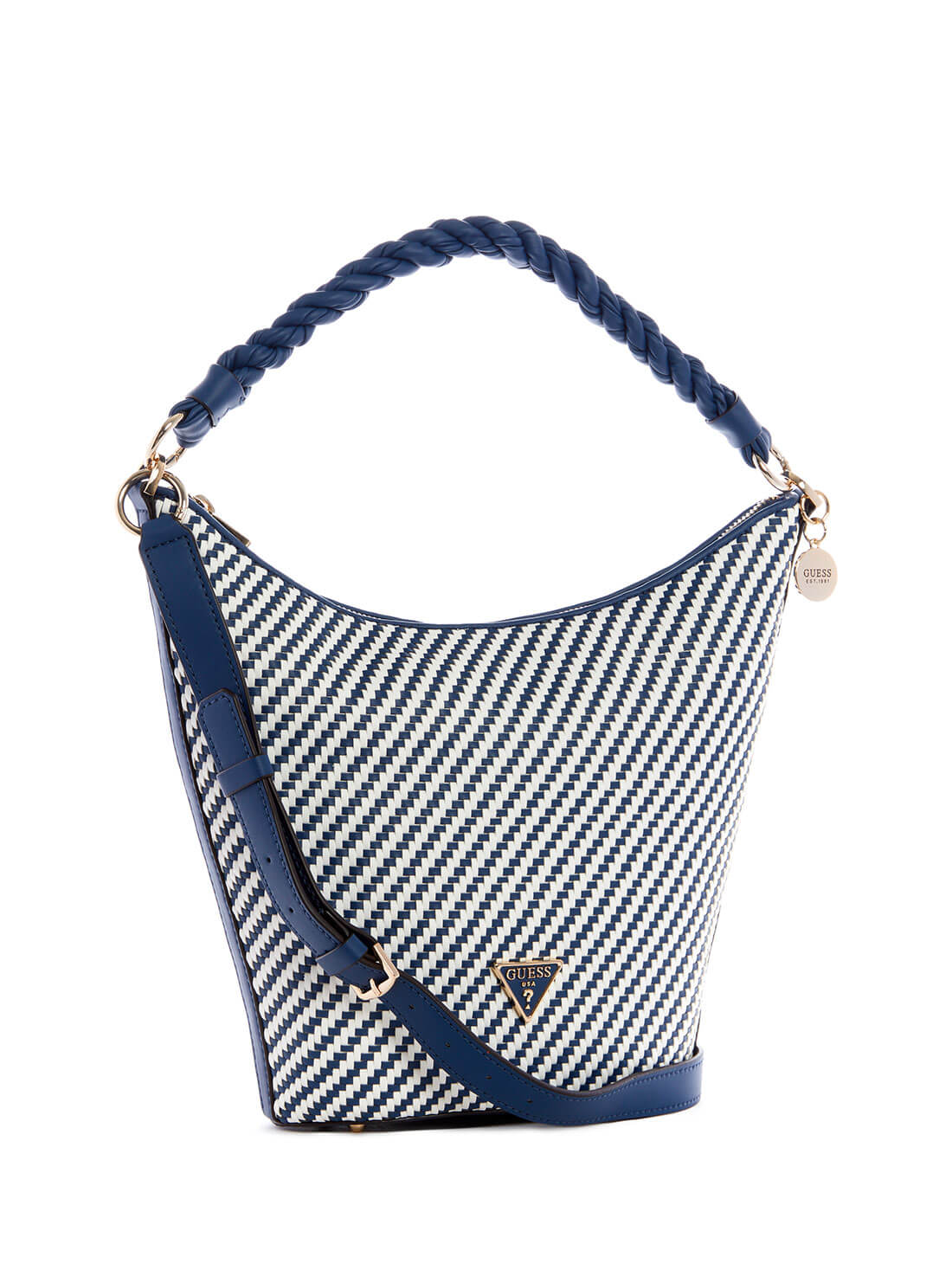 GUESS Womens Navy Woven Hassie Bucket Hobo Satchel VG839702 Side View