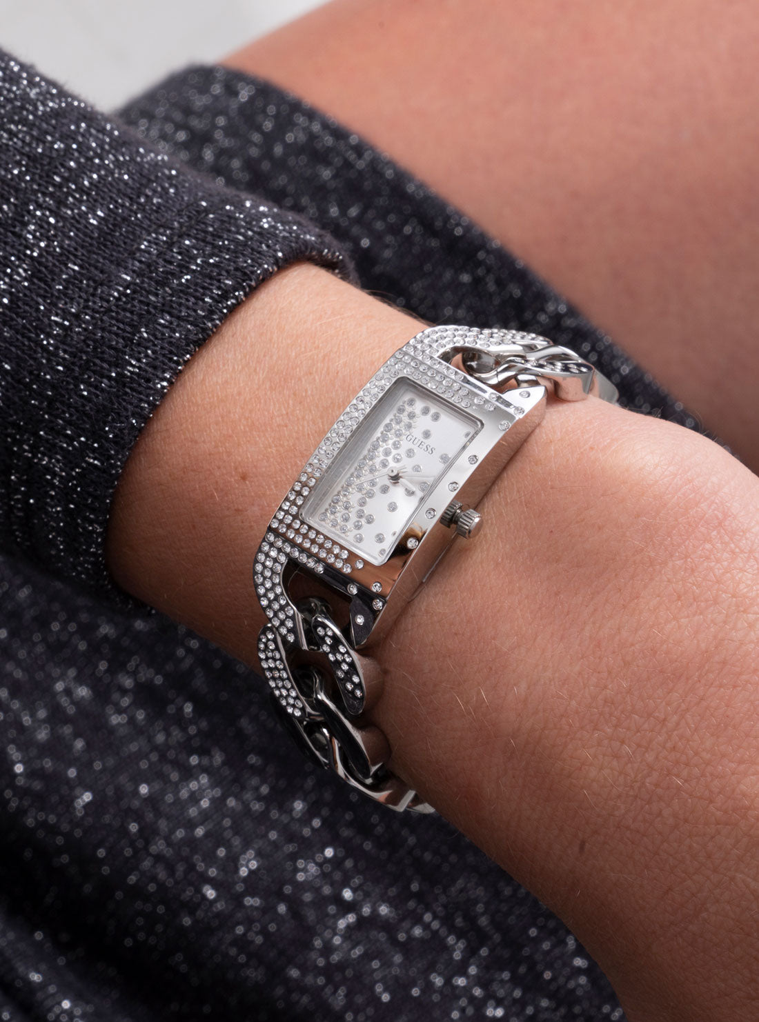 GUESS Womens Silver Starlit Glitz Multi-Chain Watch GW0298L1 Model View