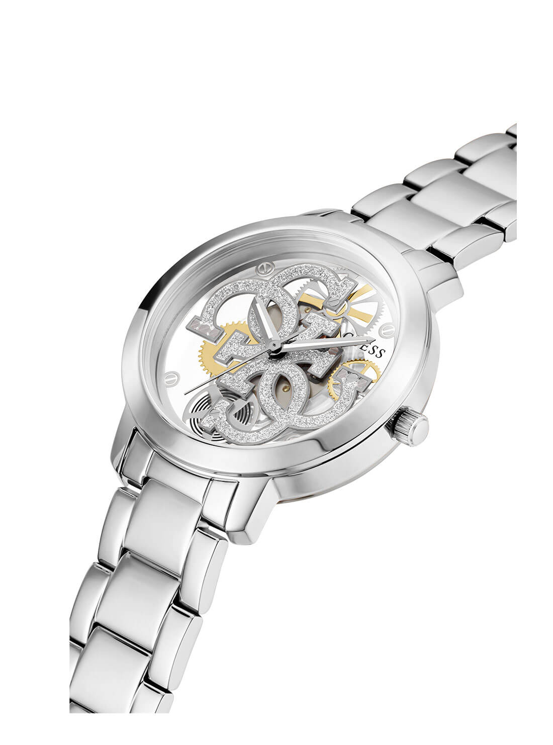 GUESS Womens Silver Quattro G Champ Watch GW0300L1 Angle View