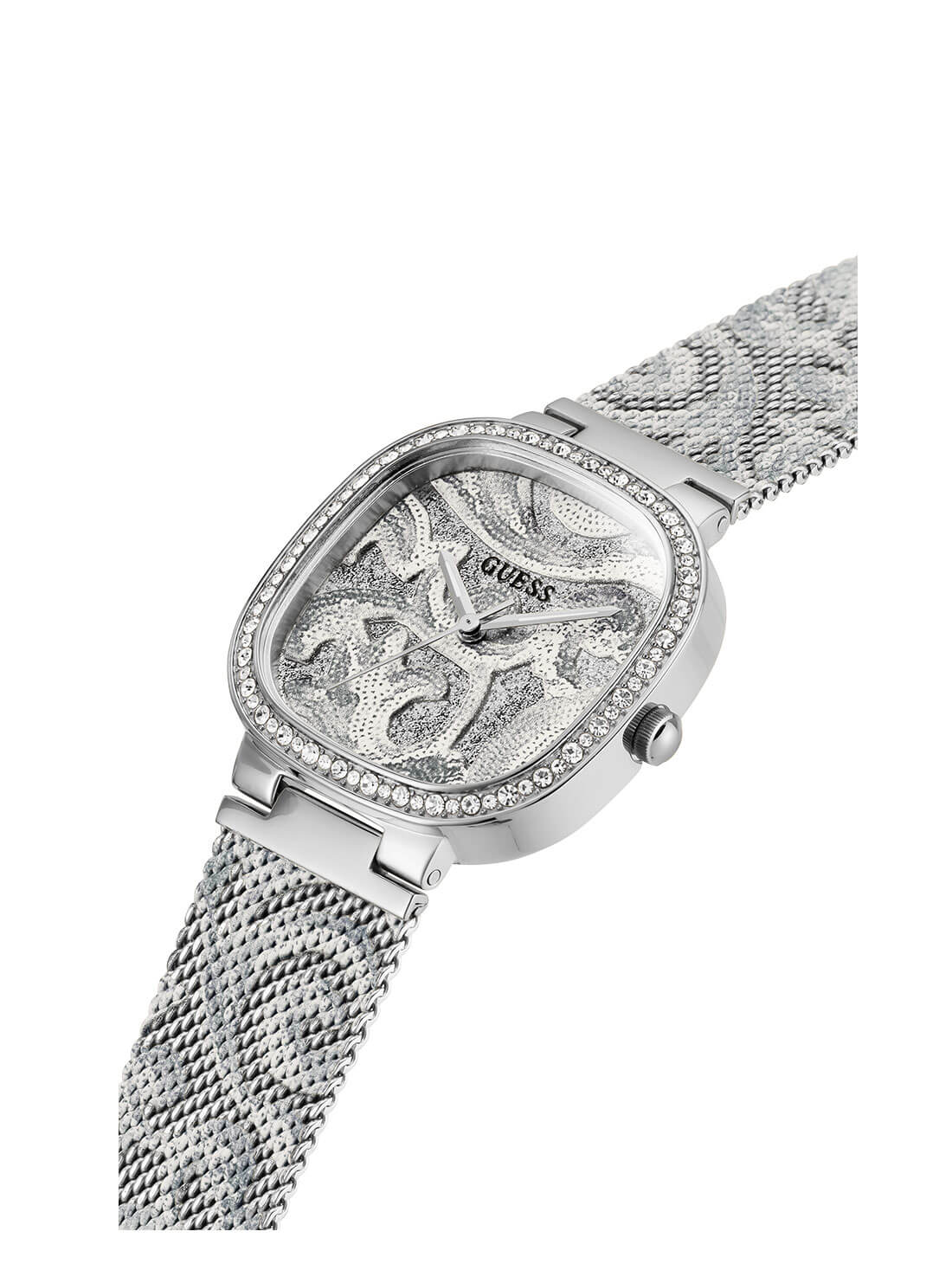 GUESS Womens Silver Tapestry Mesh Watch GW0304L1 Angle View