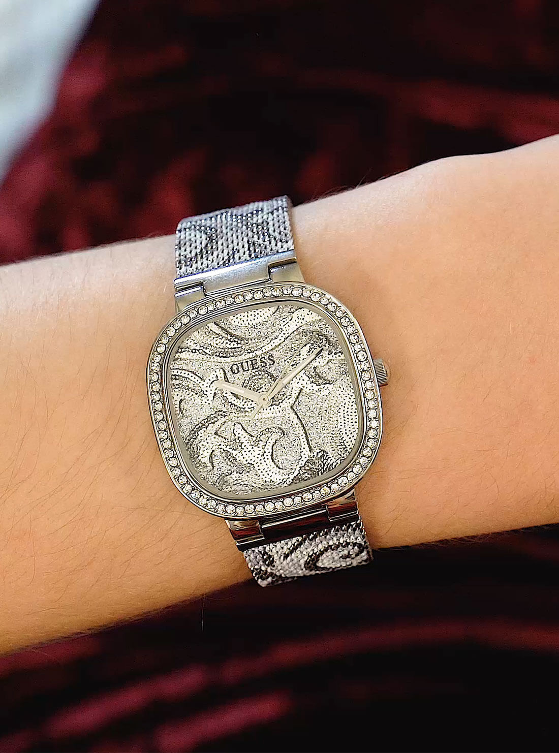 GUESS Womens Silver Tapestry Mesh Watch GW0304L1 Model View