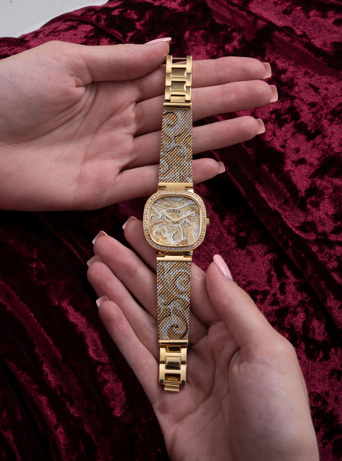 GUESS Women's Gold Tapestry Mesh Watch GW0304L2 Model View