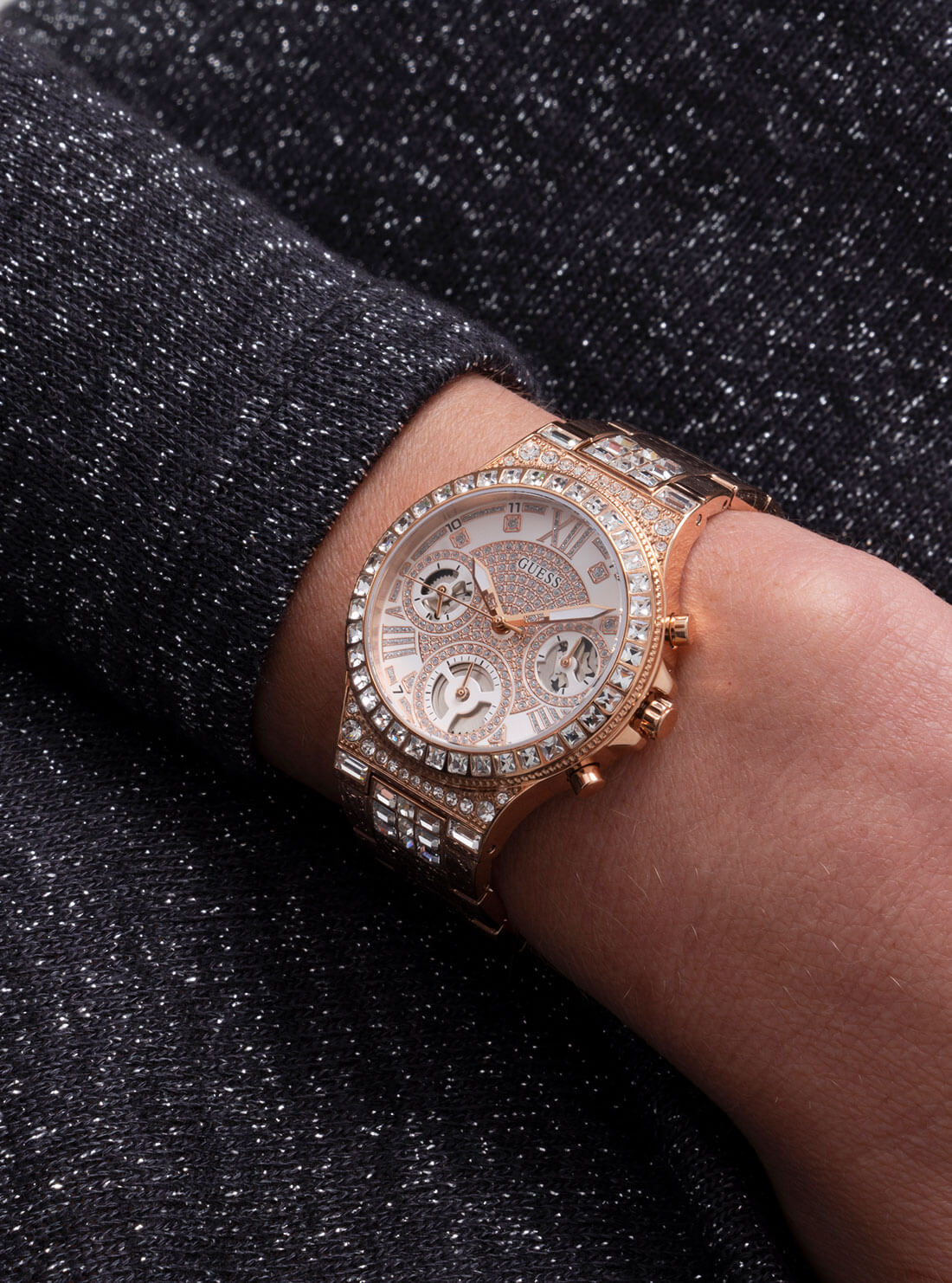 GUESS Women's Rose Gold Crystal Moonlight Watch GW0320L3 Model View
