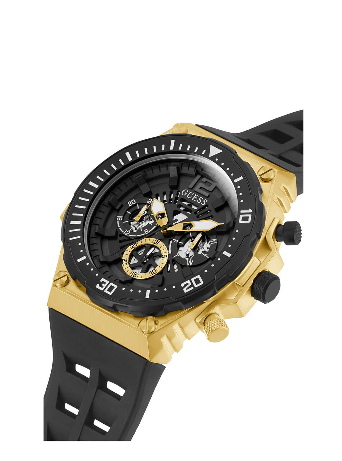 GUESS Mens Black and Gold Exposure Champ Watch GW0325G1 Angle View