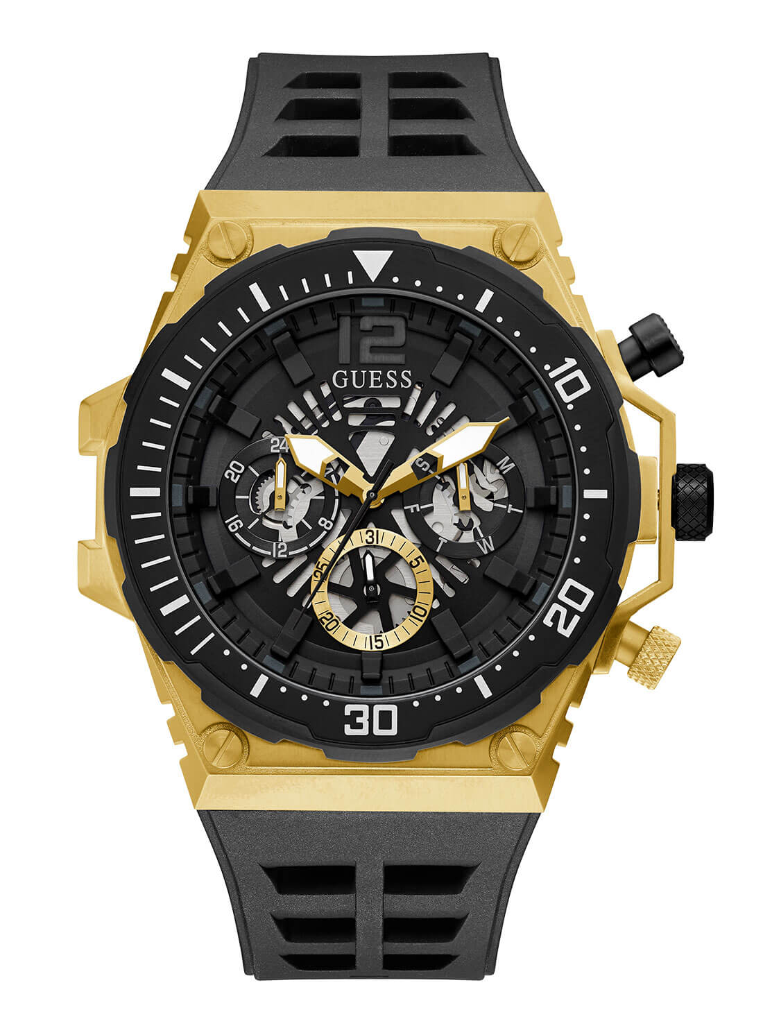 GUESS Mens Black and Gold Exposure Champ Watch GW0325G1 Front View 
