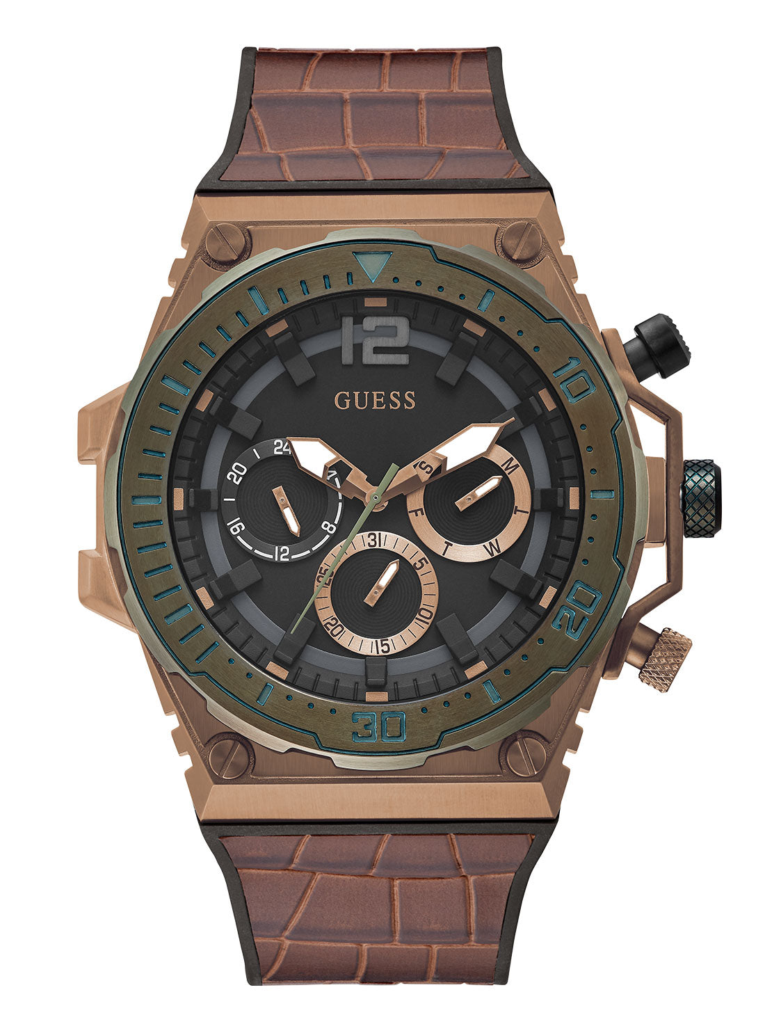 GUESS Mens Coffee Brown Venture Croco Watch GW0326G2 Front View
