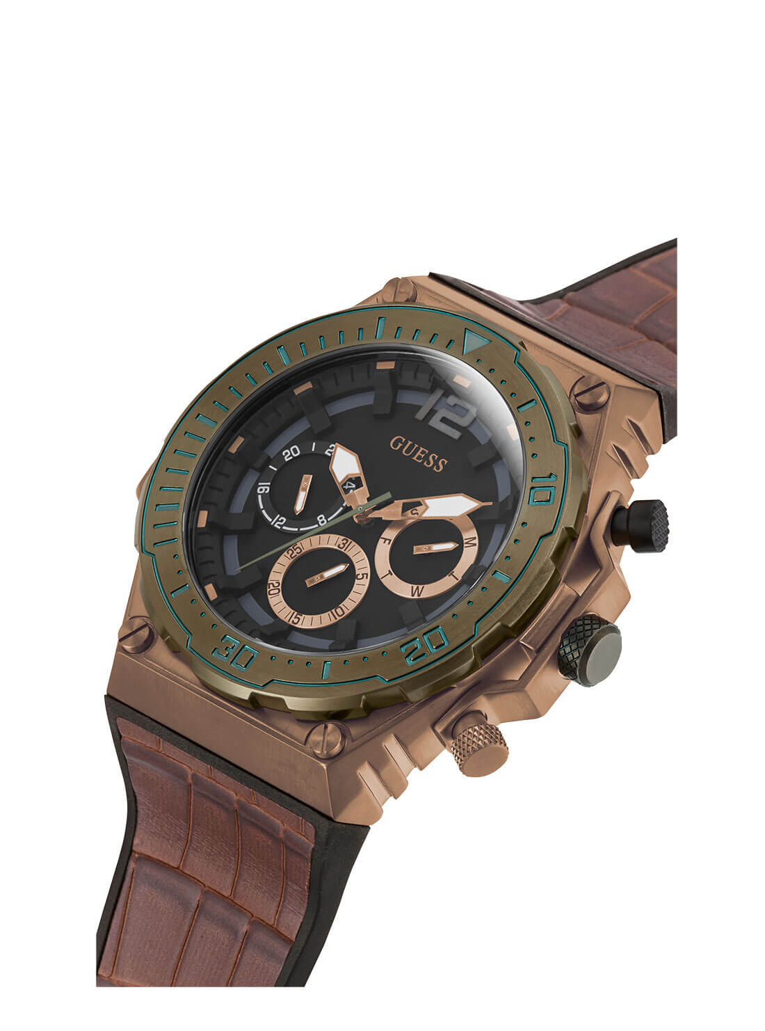 GUESS Mens Coffee Brown Venture Croco Watch GW0326G2 Angle View