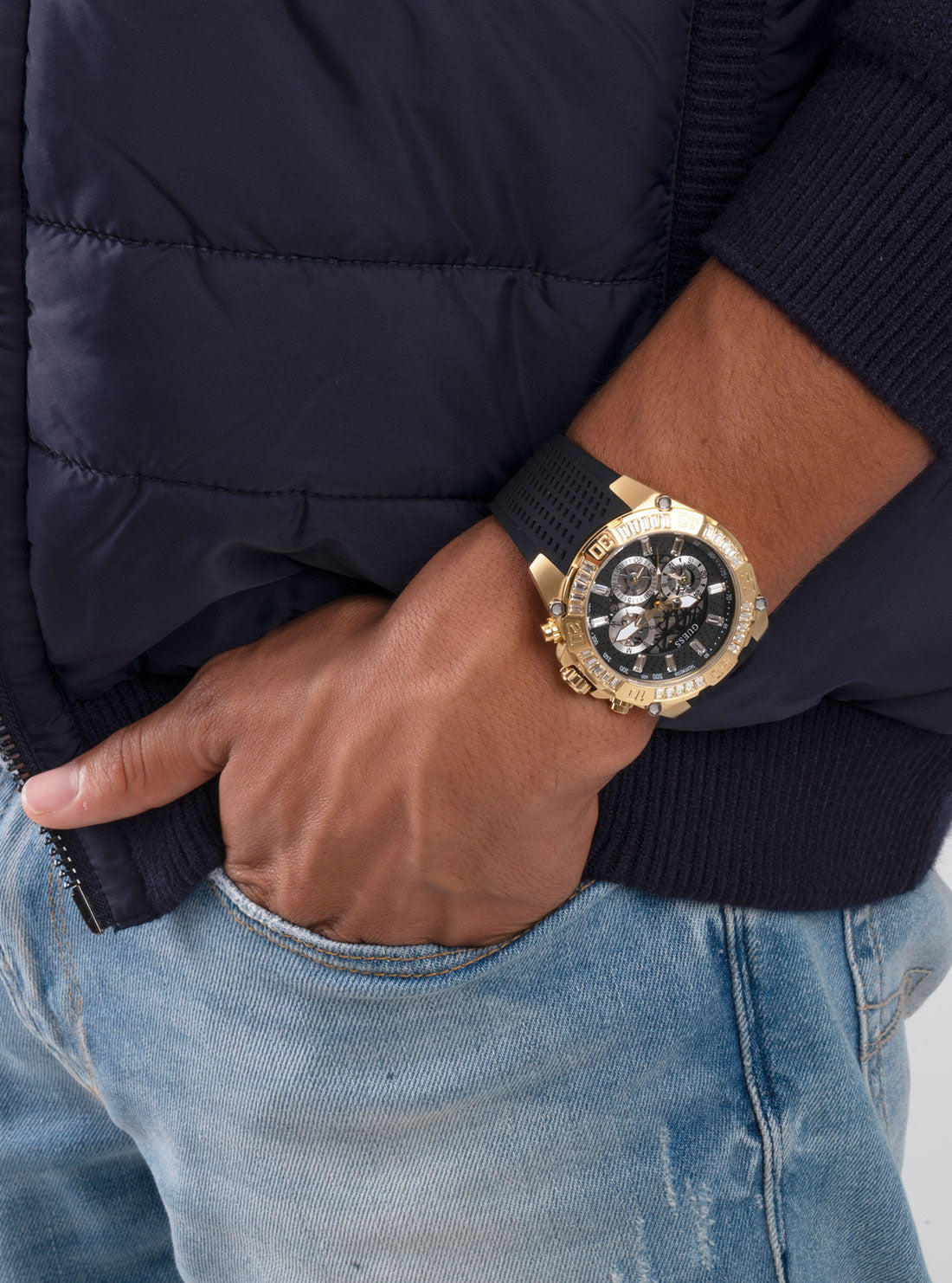 GUESS Mens Gold and Black Trophy Watch GW0333G2 Model View