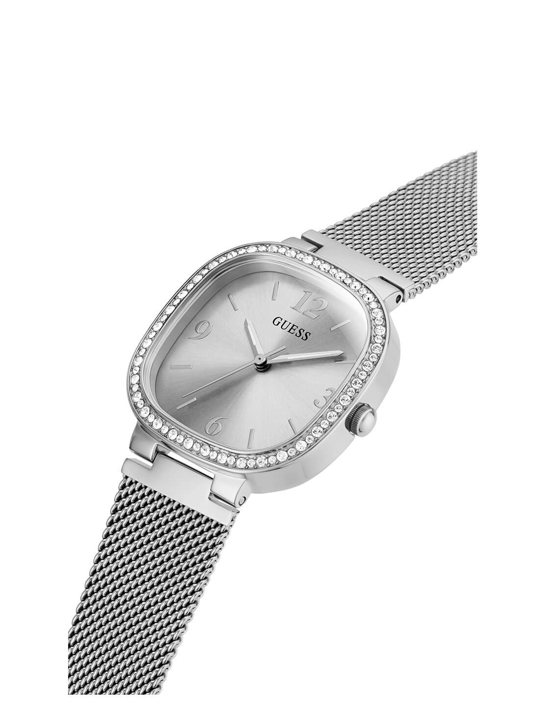 GUESS Womens Silver Square Tapestry Mesh Watch GW0354L1 Angle View