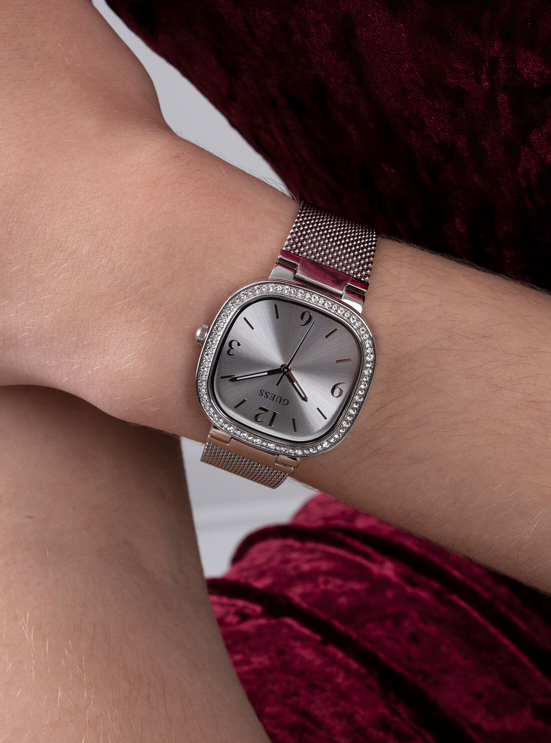 GUESS Womens Silver Square Tapestry Mesh Watch GW0354L1 Model View