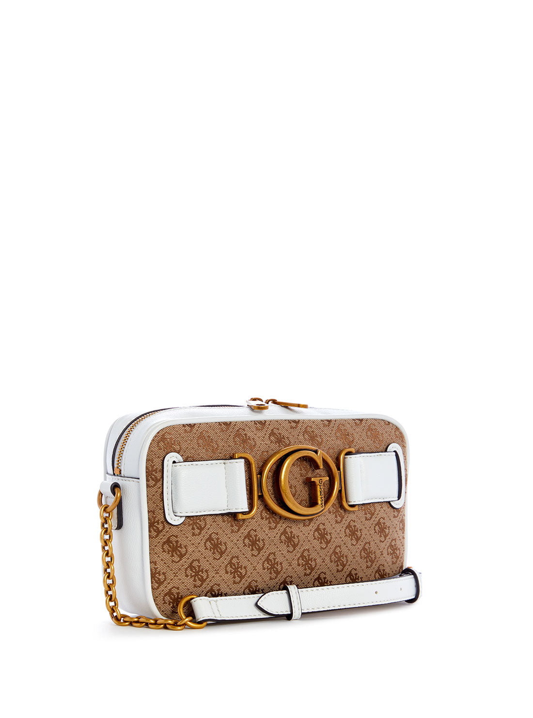 GUESS Womens  Brown White Aviana Crossbody Camera Bag  JB841414 Front Side View