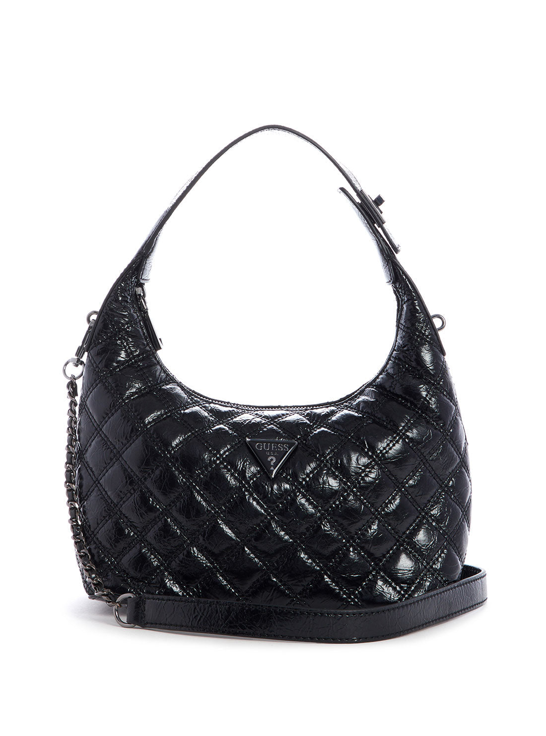 guess Black Patent Cessily Womens Hobo Satchel front view