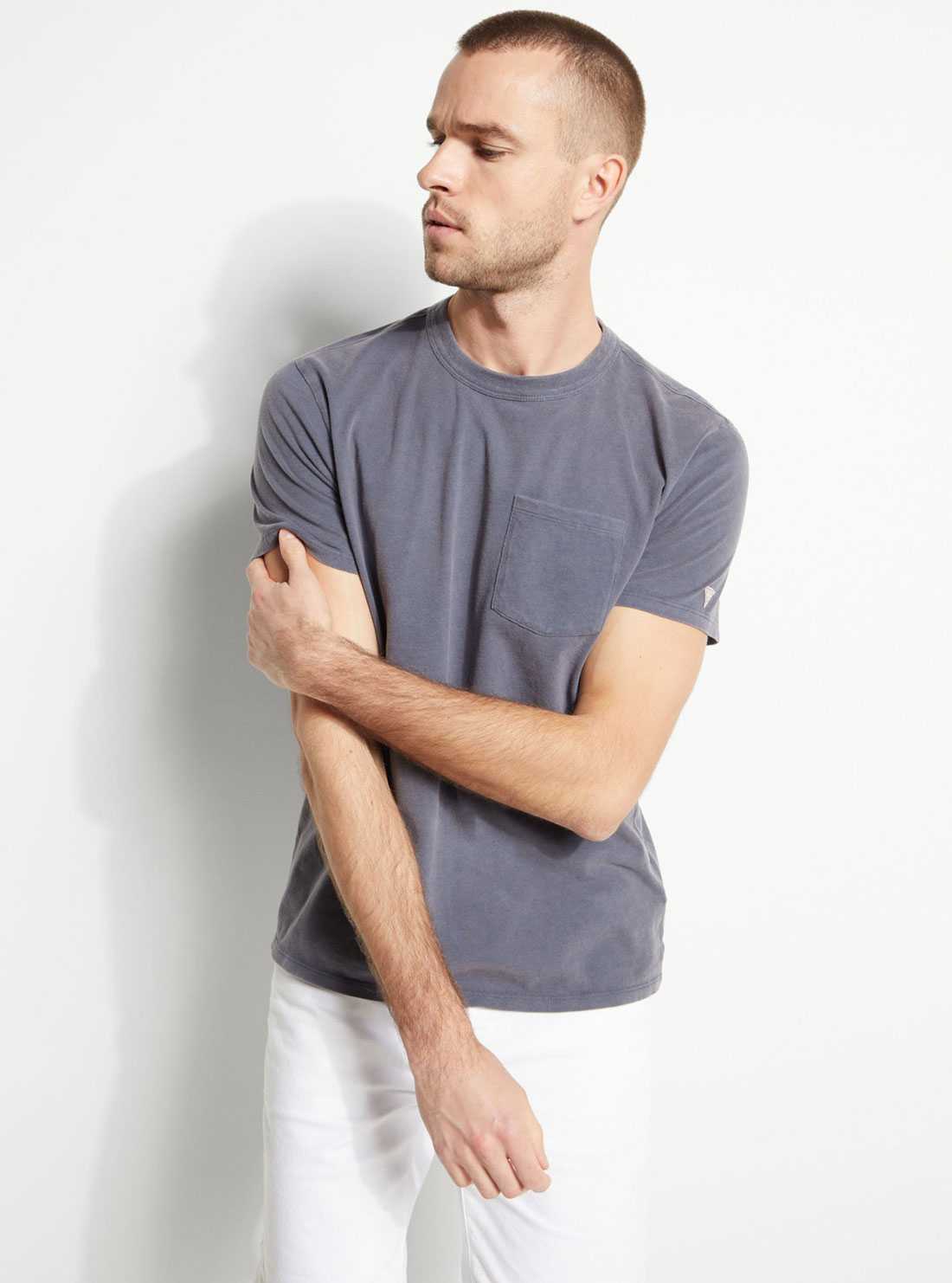 GUESS Mens Grey Blue Sueded Jersey T-Shirt M0FP53RA260 Front View