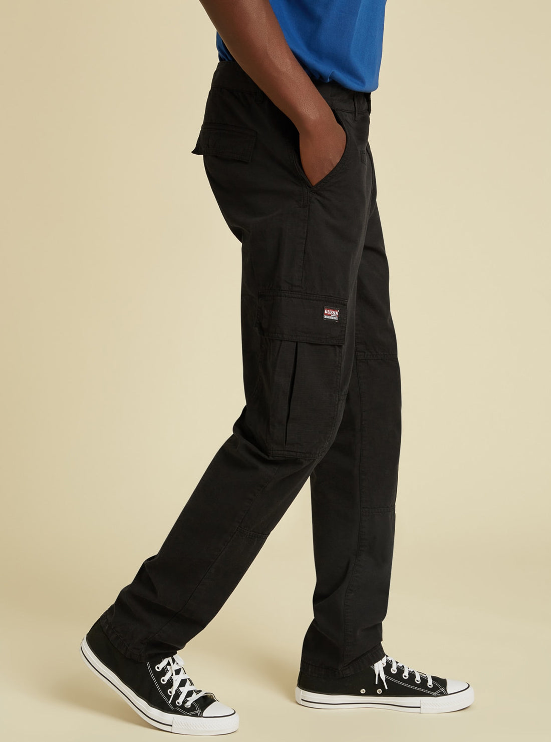 GUESS Mens GUESS Originals Kit Black Ripstop Cargo Pants M1BB02WEFP0 Side View