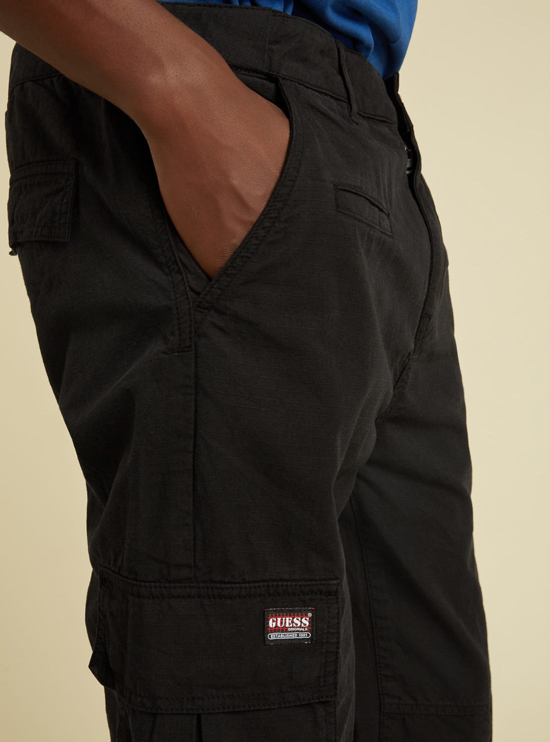 GUESS Mens GUESS Originals Kit Black Ripstop Cargo Pants M1BB02WEFP0 Detail View