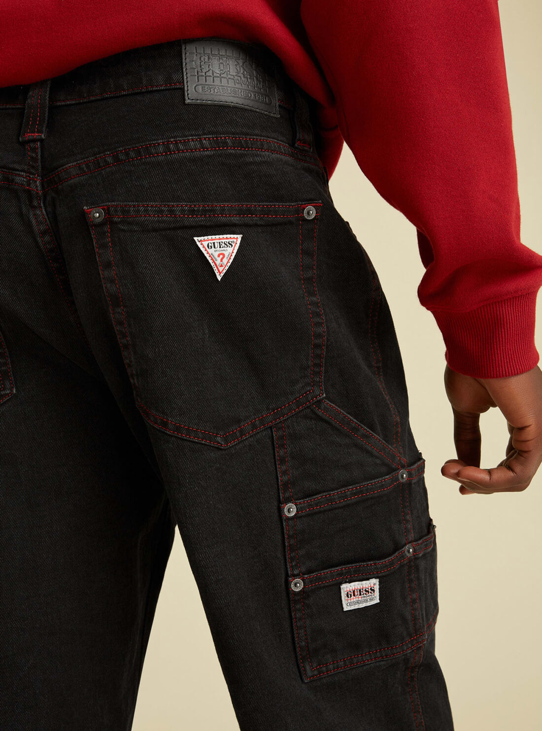 GUESS Mens GUESS Originals Mid-Rise Carpenter Denim Jeans In Vintage Black Wash M1BG36D4AS0 Pocket Detail View