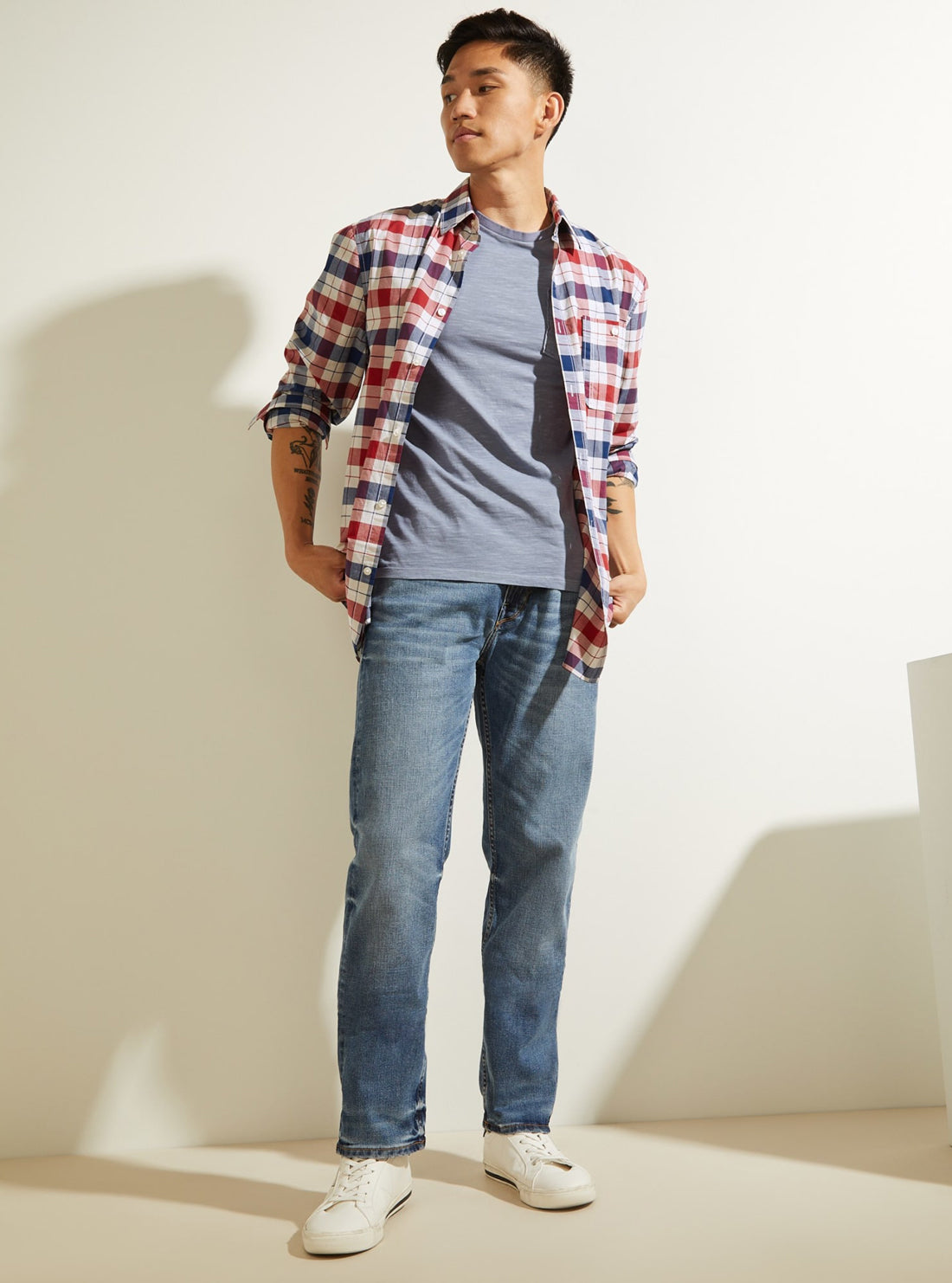 GUESS Mens Red Blue Collins Check Shirt M1BH25WE8G1 Full View