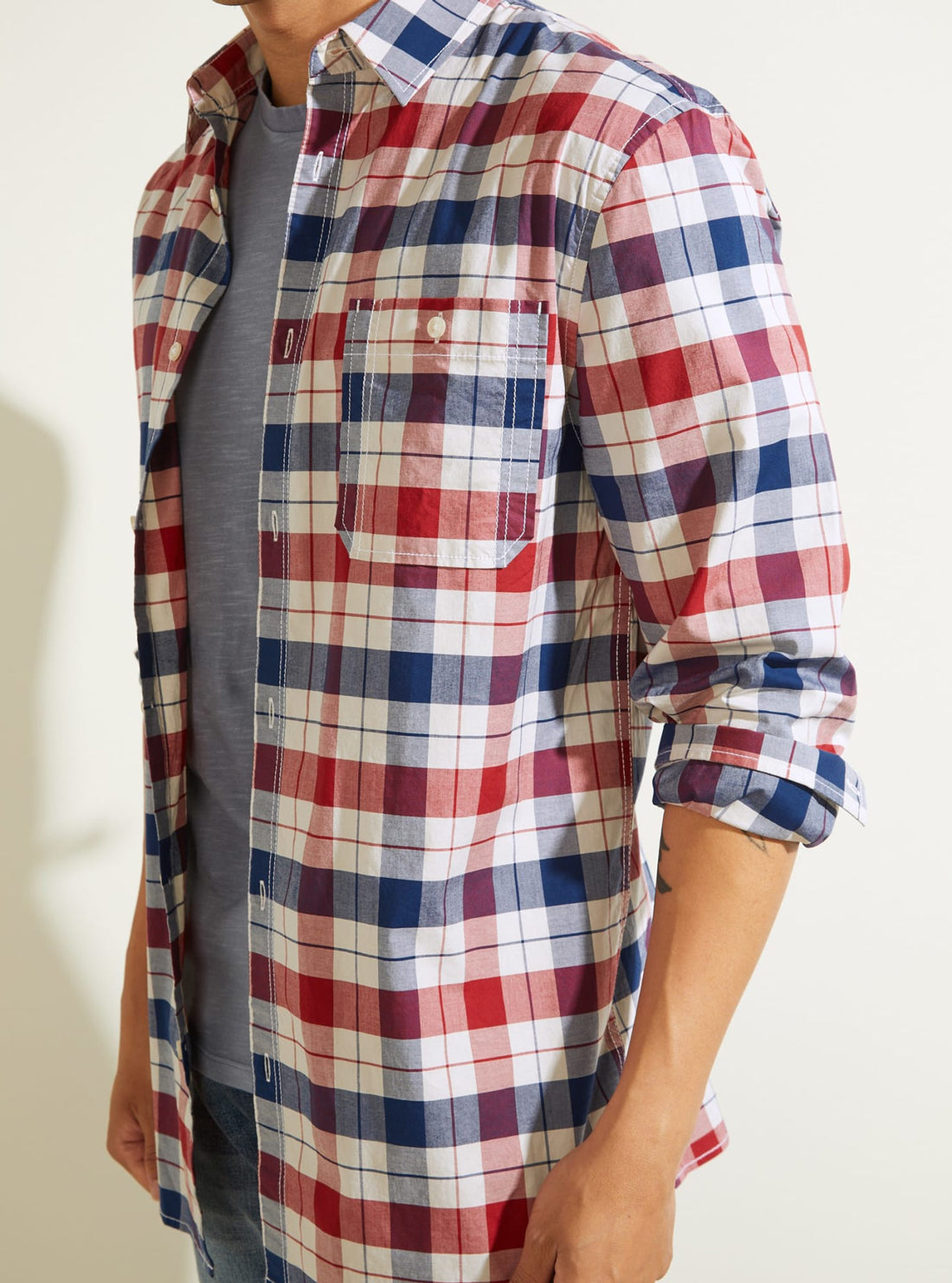  GUESS Mens Red Blue Collins Check Shirt M1BH25WE8G1 Detail View