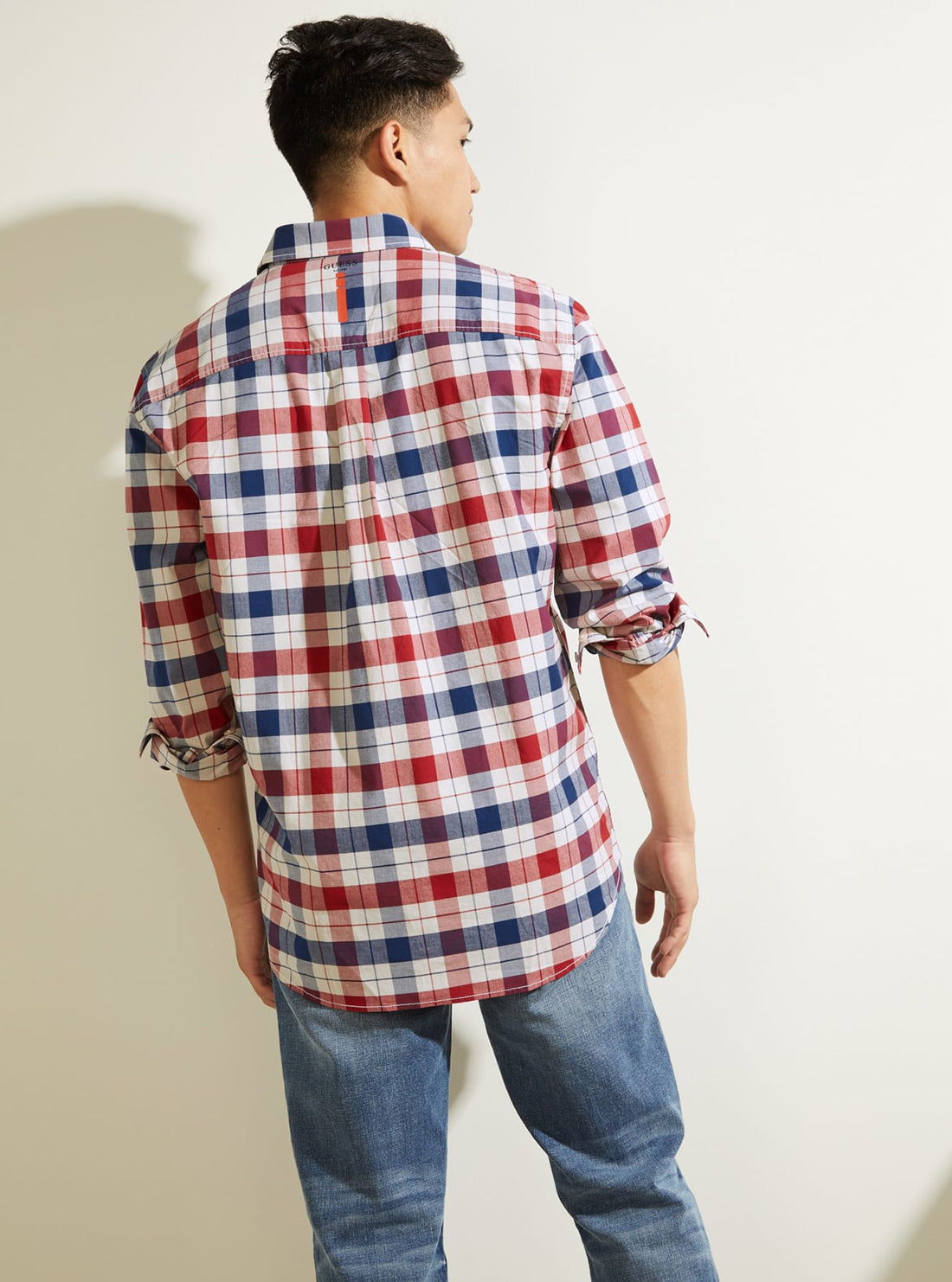  GUESS Mens Red Blue Collins Check Shirt M1BH25WE8G1 Back View