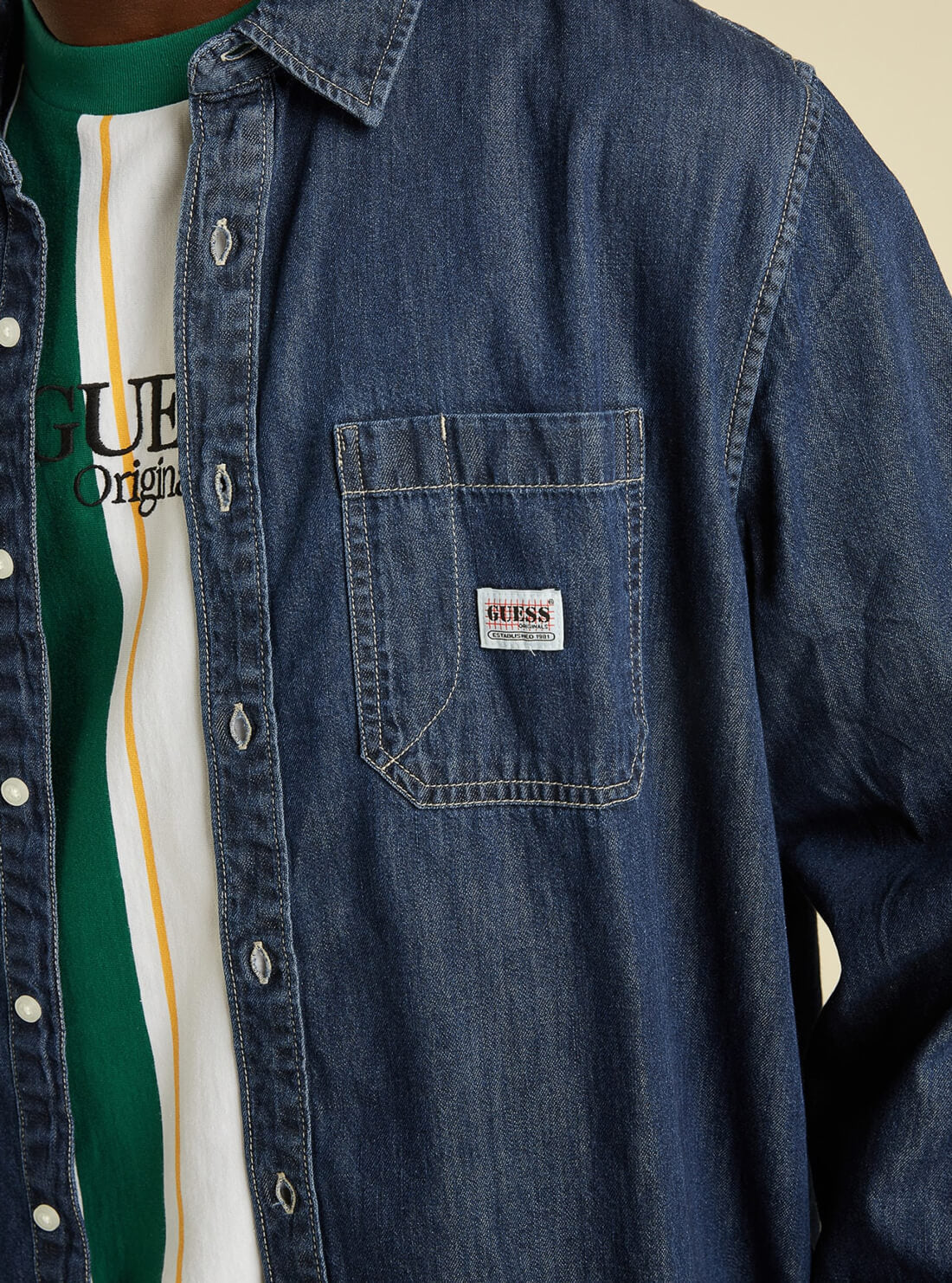 GUESS Mens GUESS Originals Denim Shirt In Dark Chambray Wash M1BH70D2MR0 Detail View