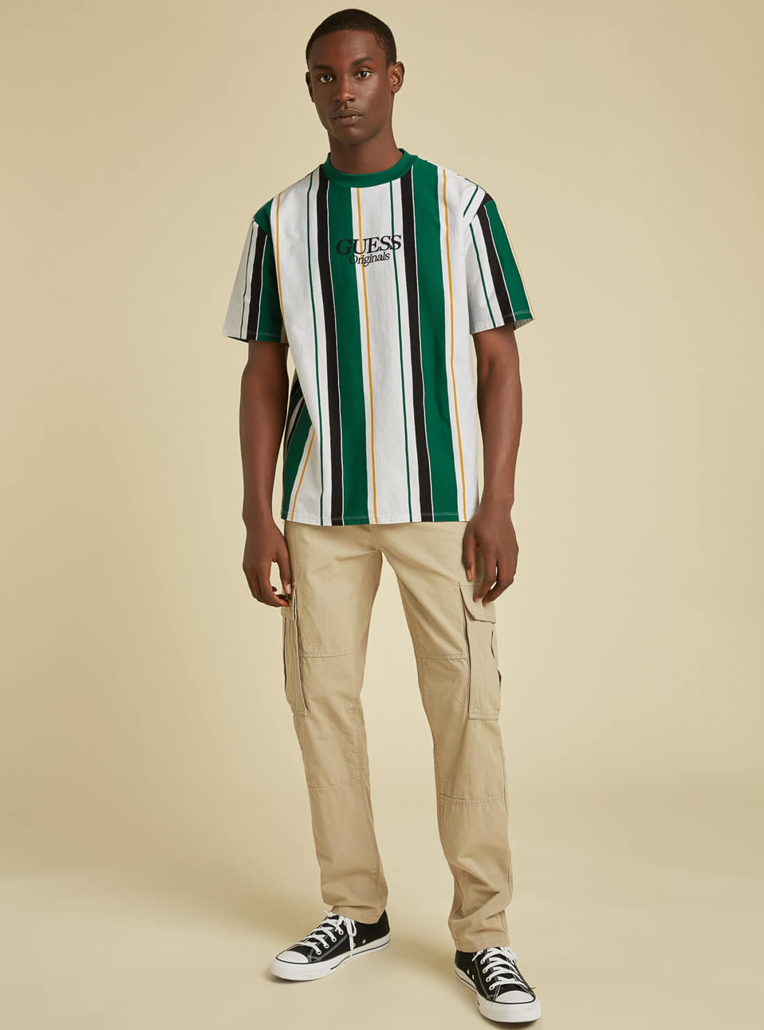 GUESS Mens GUESS Originals Green Multi Jake Striped T-Shirt M1BI02KAGP0 Front View