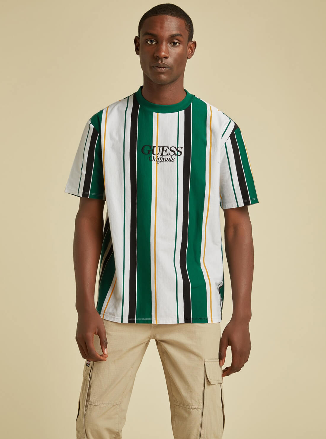 GUESS Mens GUESS Originals Green Multi Jake Striped T-Shirt M1BI02KAGP0 Front View