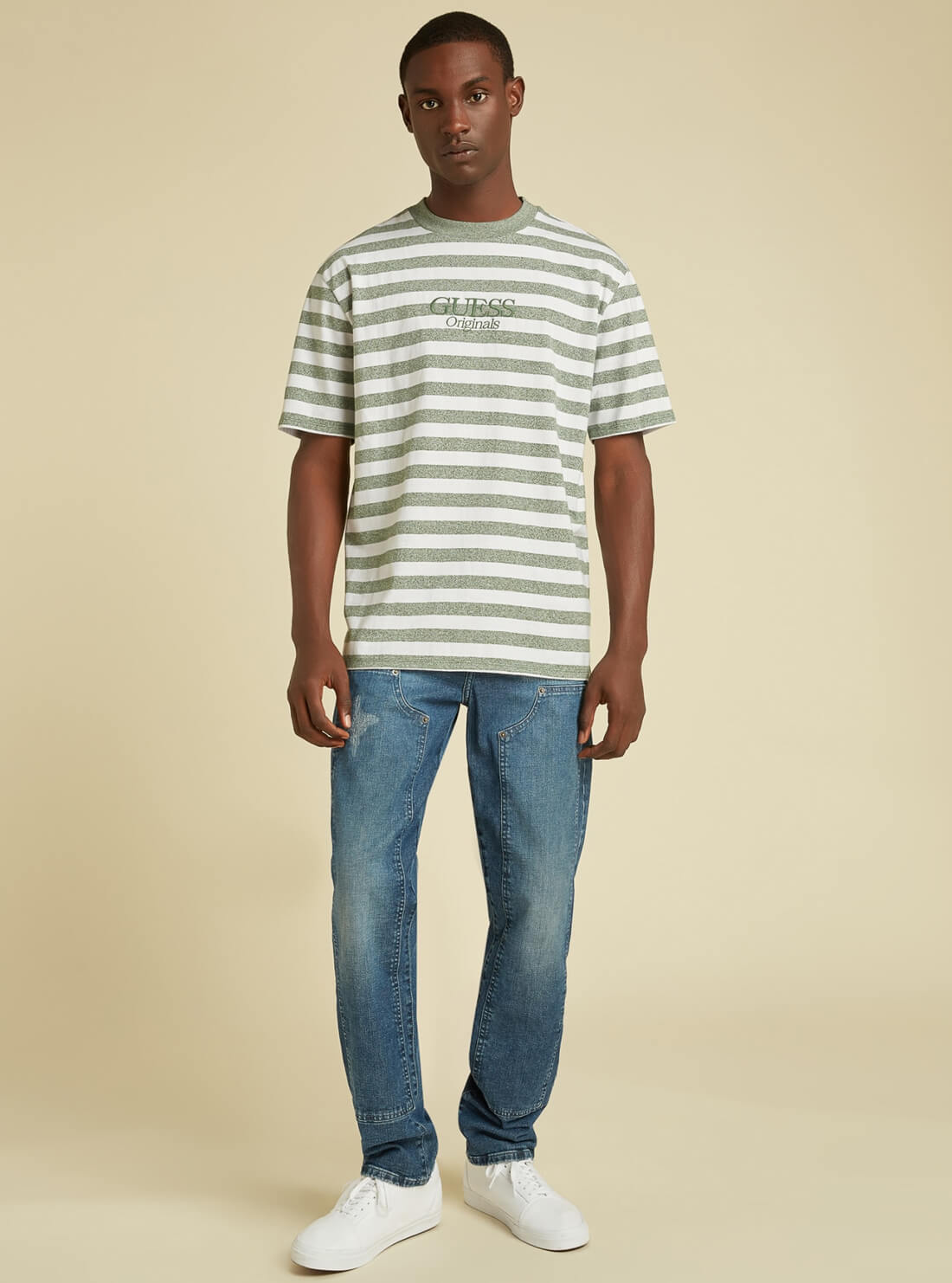GUESS Mens GUESS Originals Green Daniel Striped T-Shirt M1BI03KAAU0 Full View