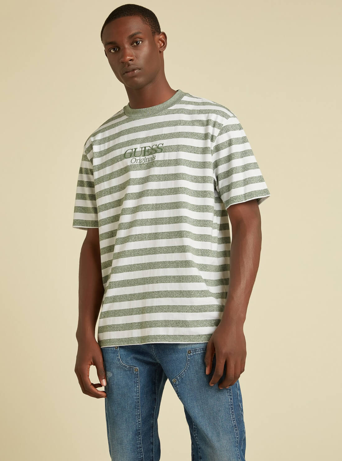 GUESS Mens GUESS Originals Green Daniel Striped T-Shirt M1BI03KAAU0 Front View
