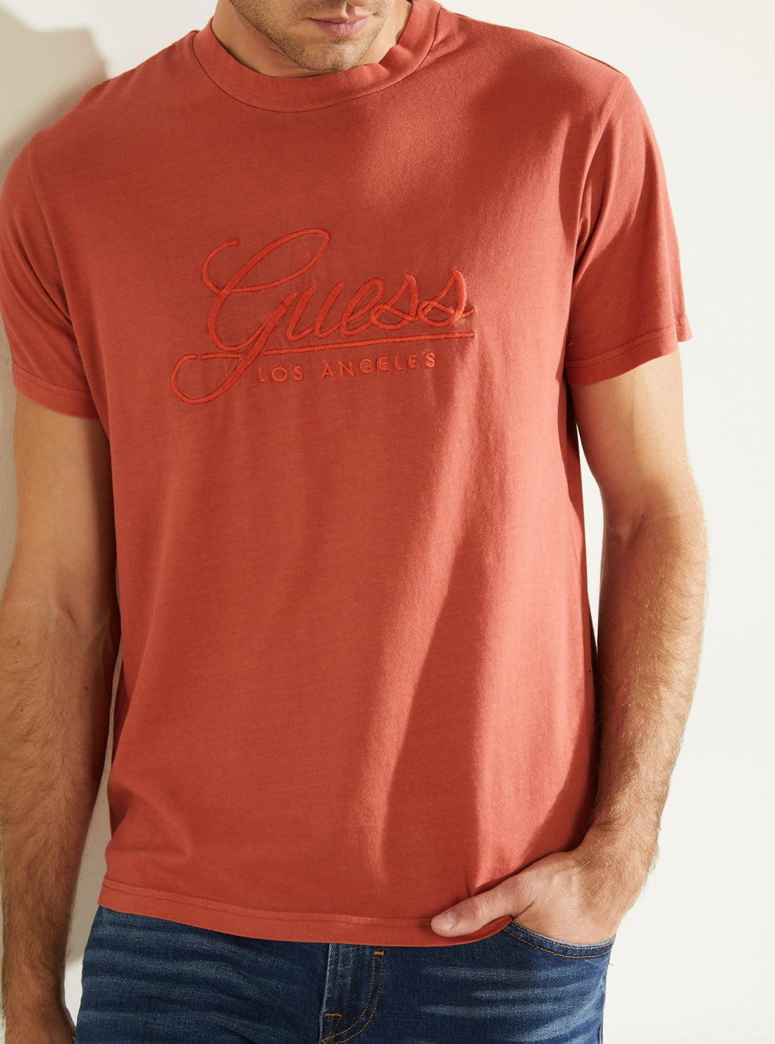 GUESS Mens Red Classical Embroidered Logo T-Shirt M1BI26K8FQ1 Detail View