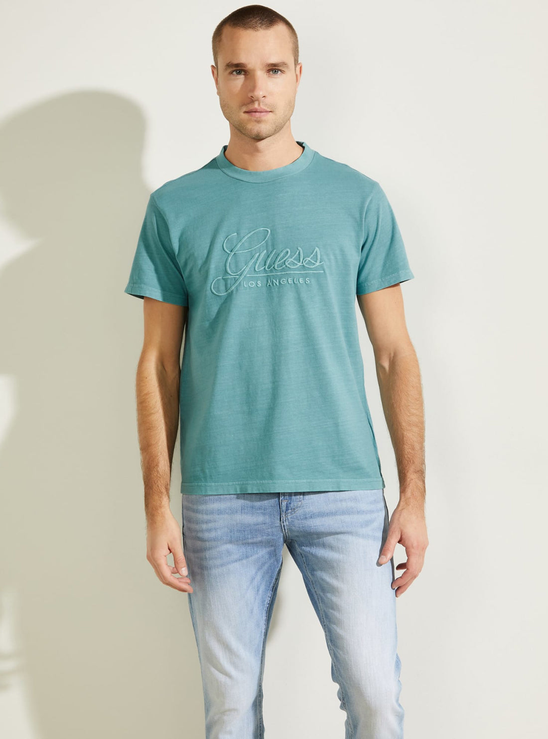 GUESS Mens Teal Classical Embroidered Logo T-Shirt M1BI26K8FQ1 Full Front View