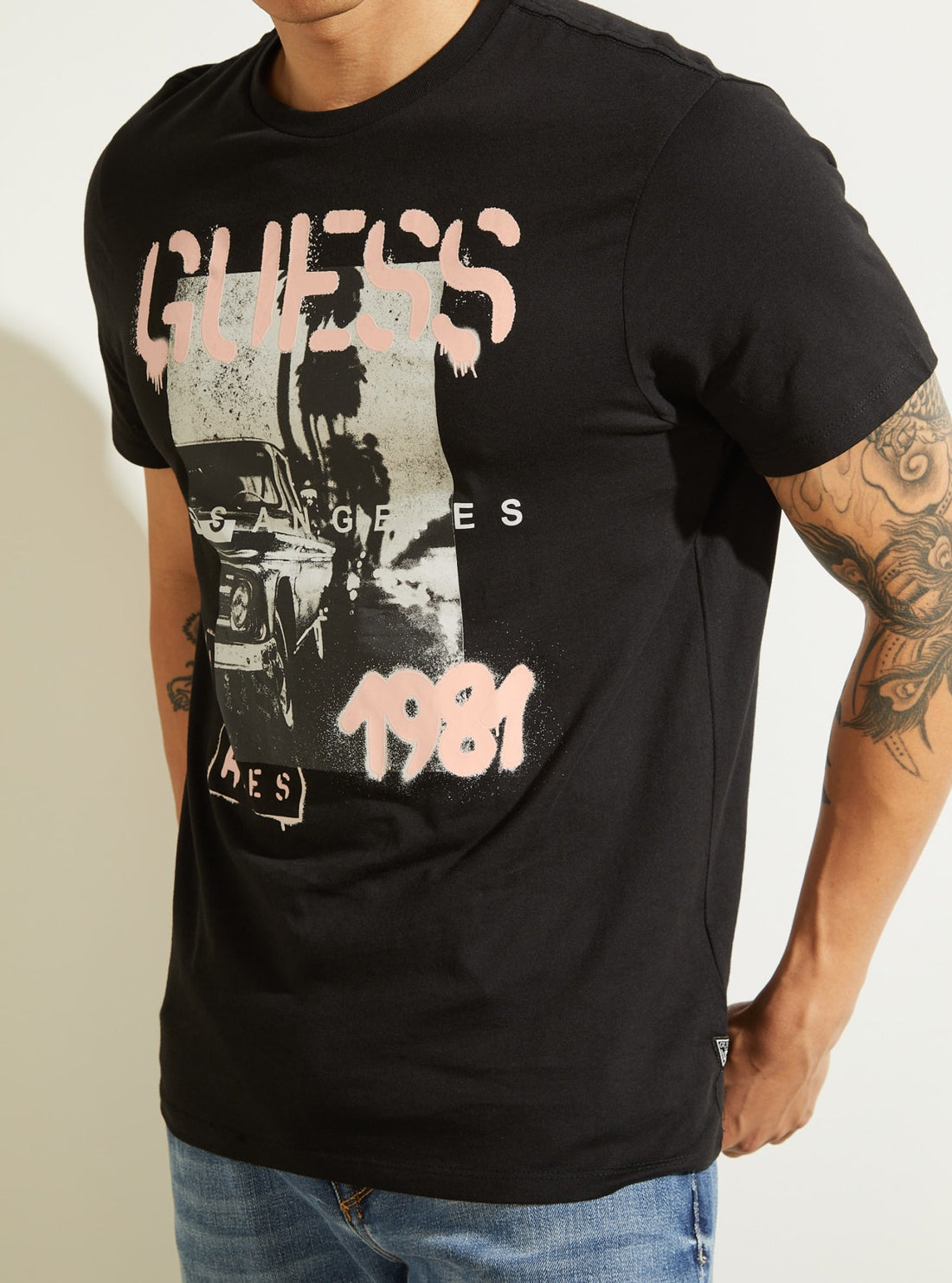 GUESS Mens Eco Black LA Scenic T-Shirt M1BI34KARC9 Detail View