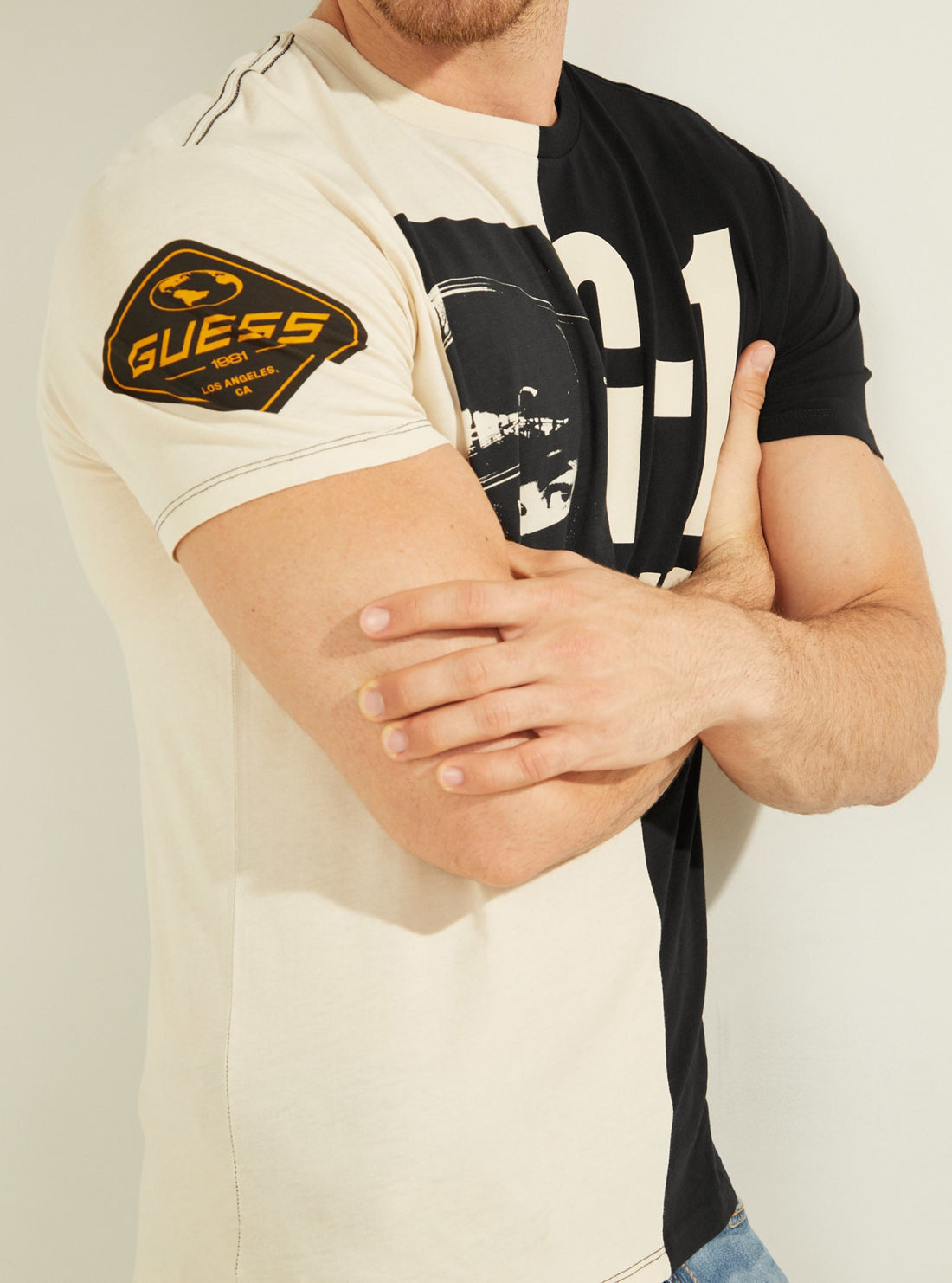 GUESS Mens Black and White Racer Split Graphic T-Shirt    M1BI38K9RM1 Detail View