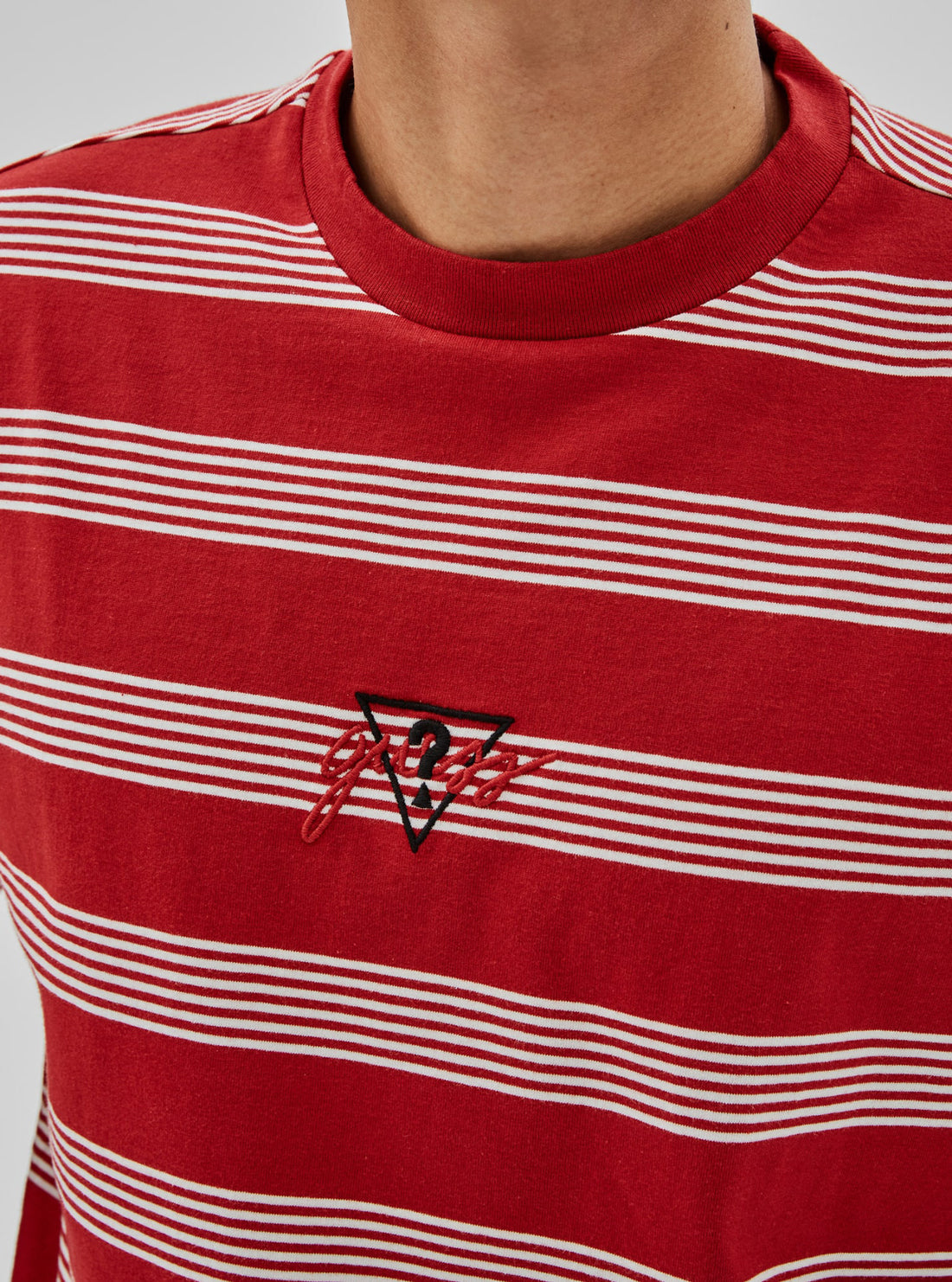 GUESS Mens GUESS Originals x Anna Nicole Smith Red Domen Stripe T-Shirt M1BI42KAAU0 Front Detail View