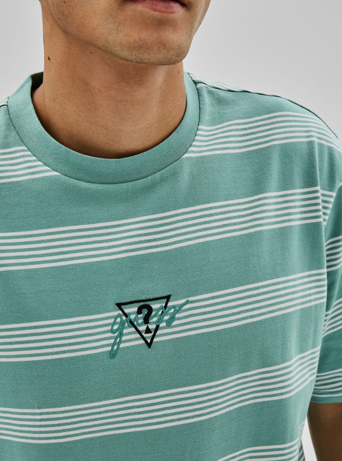 GUESS Mens GUESS Originals x Anna Nicole Smith Aqua Domen Stripe T-Shirt M1BI42KAAU0 Model Detail View