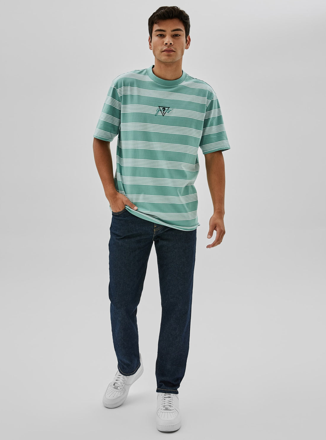 GUESS Mens GUESS Originals x Anna Nicole Smith Aqua Domen Stripe T-Shirt M1BI42KAAU0 Model Angle View