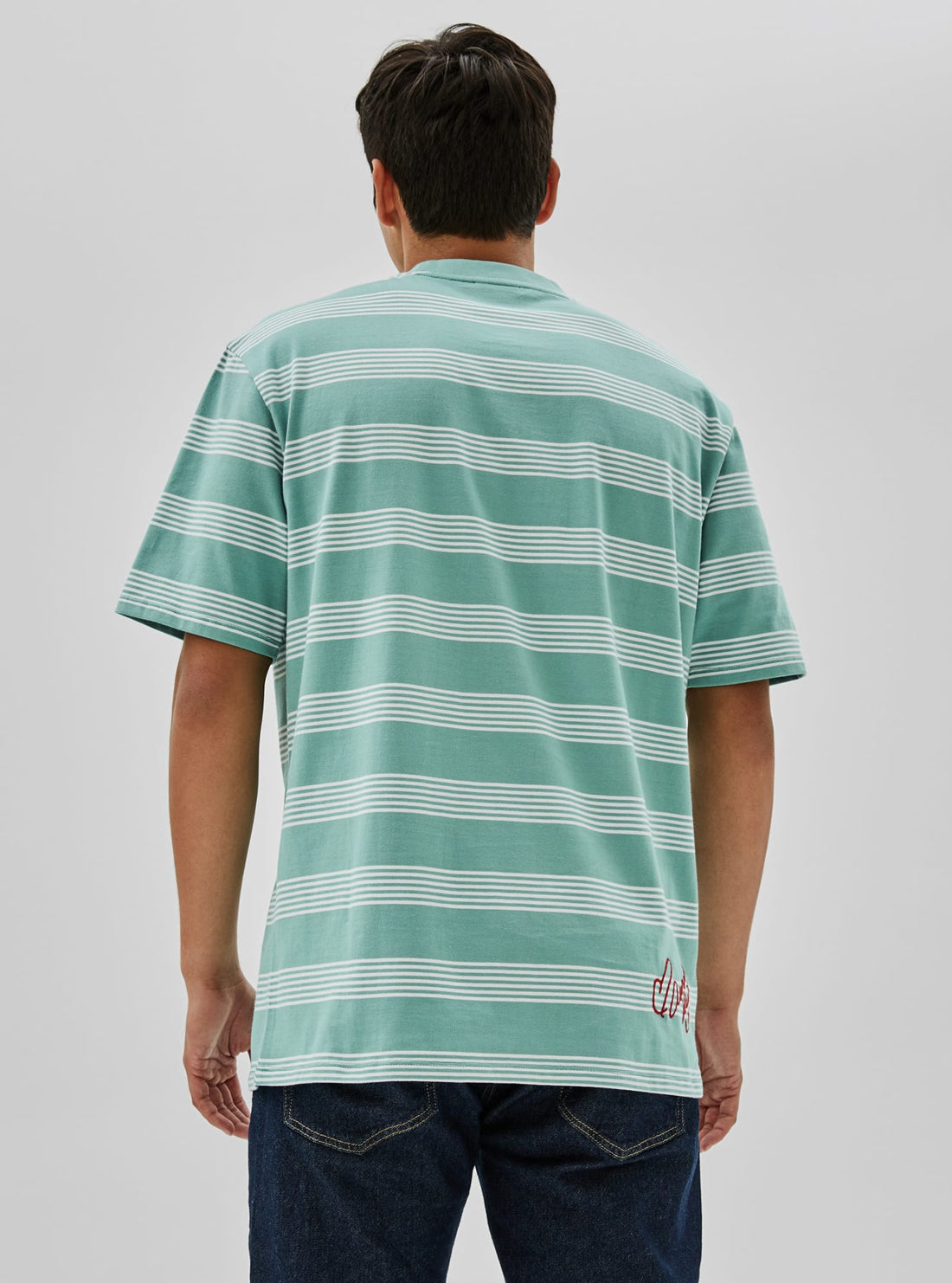 GUESS Mens GUESS Originals x Anna Nicole Smith Aqua Domen Stripe T-Shirt M1BI42KAAU0 Model Back View