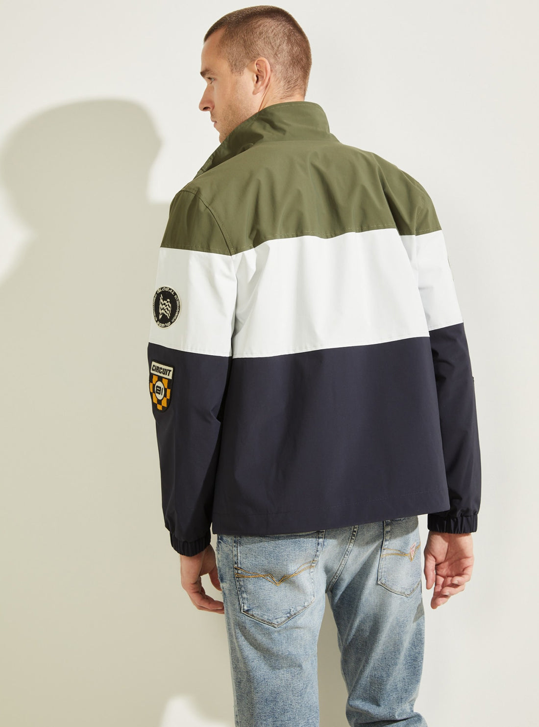 GUESS Mens Paul Blue Green Colour-Block Patch Jacket M1BL04RE2L0 Model Back View