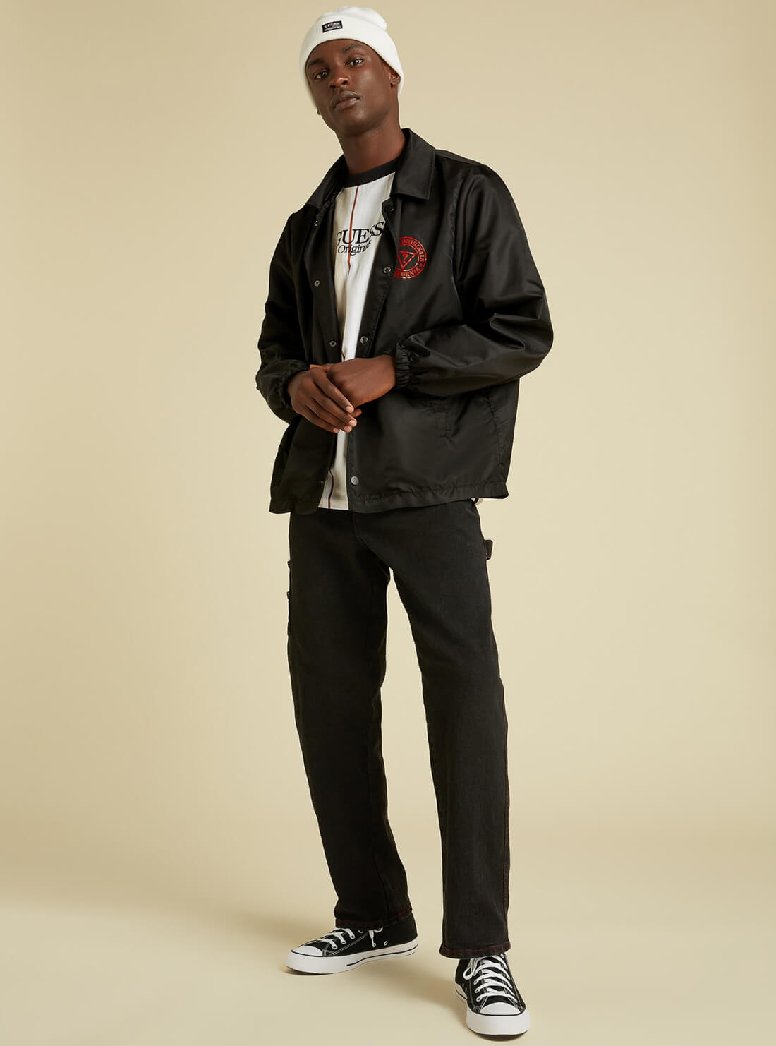 GUESS Originals Mens GUESS Originals Black Charlie Coach Jacket M1BN01W7KD0 Model Full View