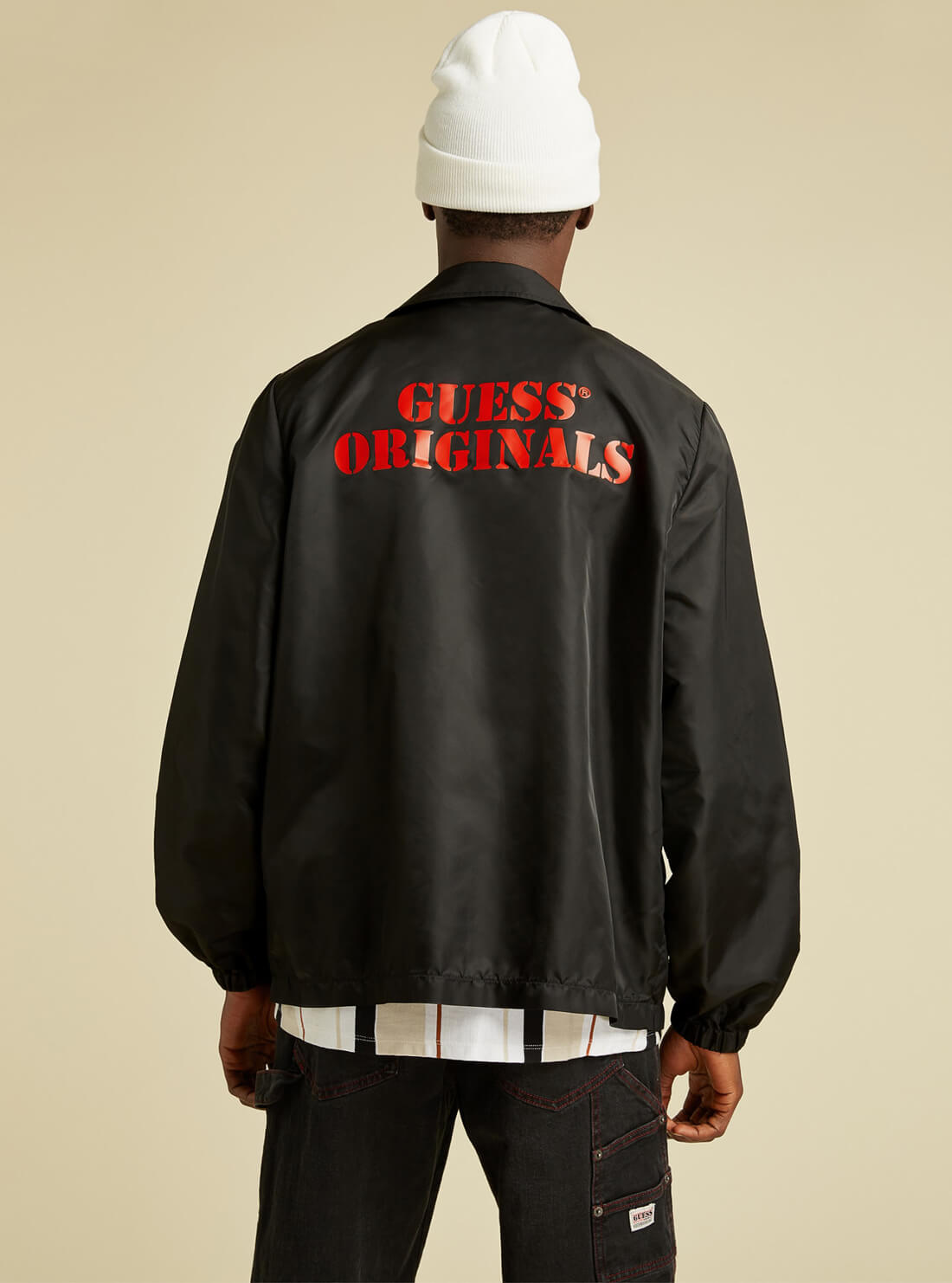 GUESS Originals Mens GUESS Originals Black Charlie Coach Jacket M1BN01W7KD0 Model Back View