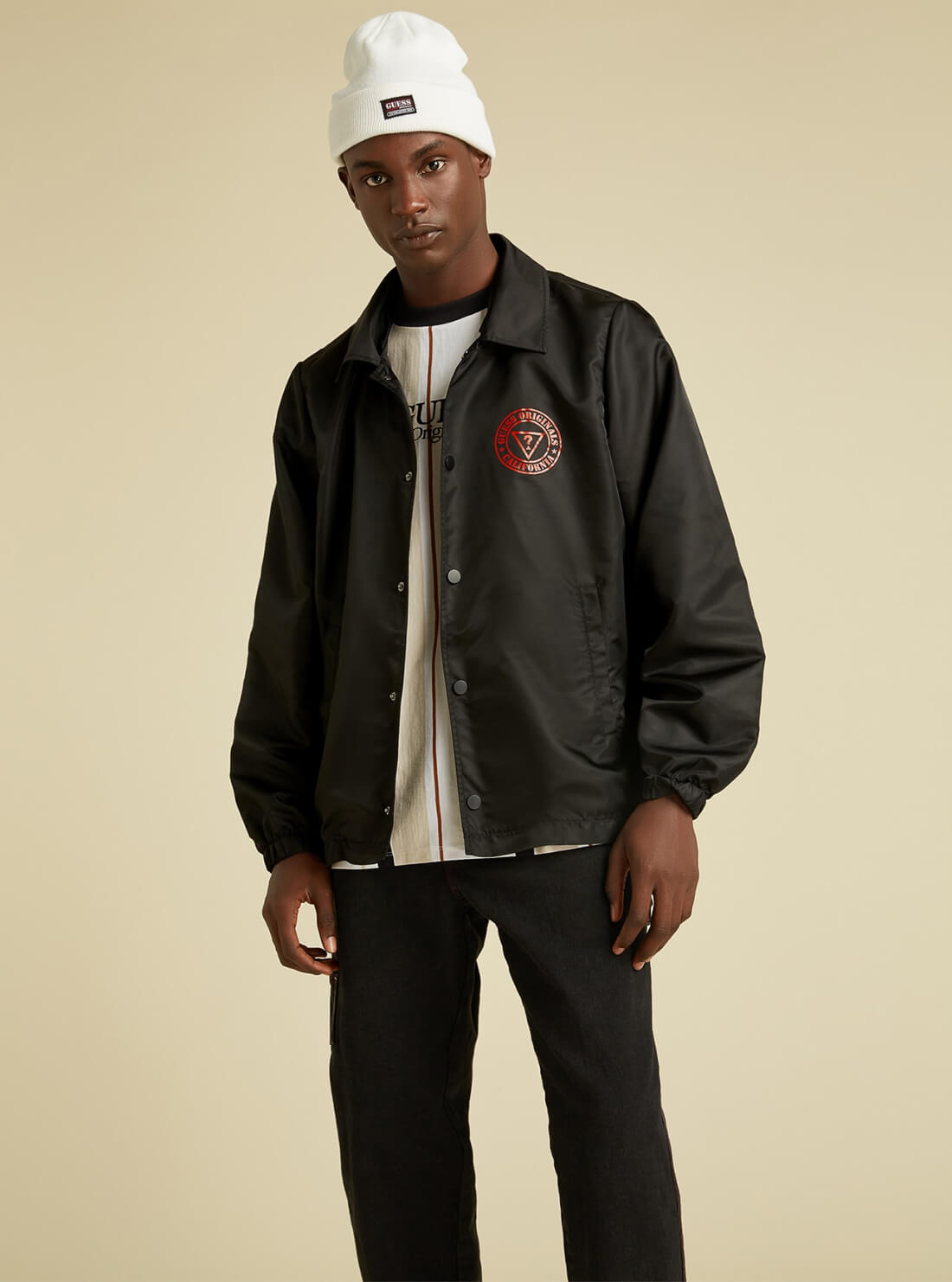 GUESS Originals Mens GUESS Originals Black Charlie Coach Jacket M1BN01W7KD0 Model Front View