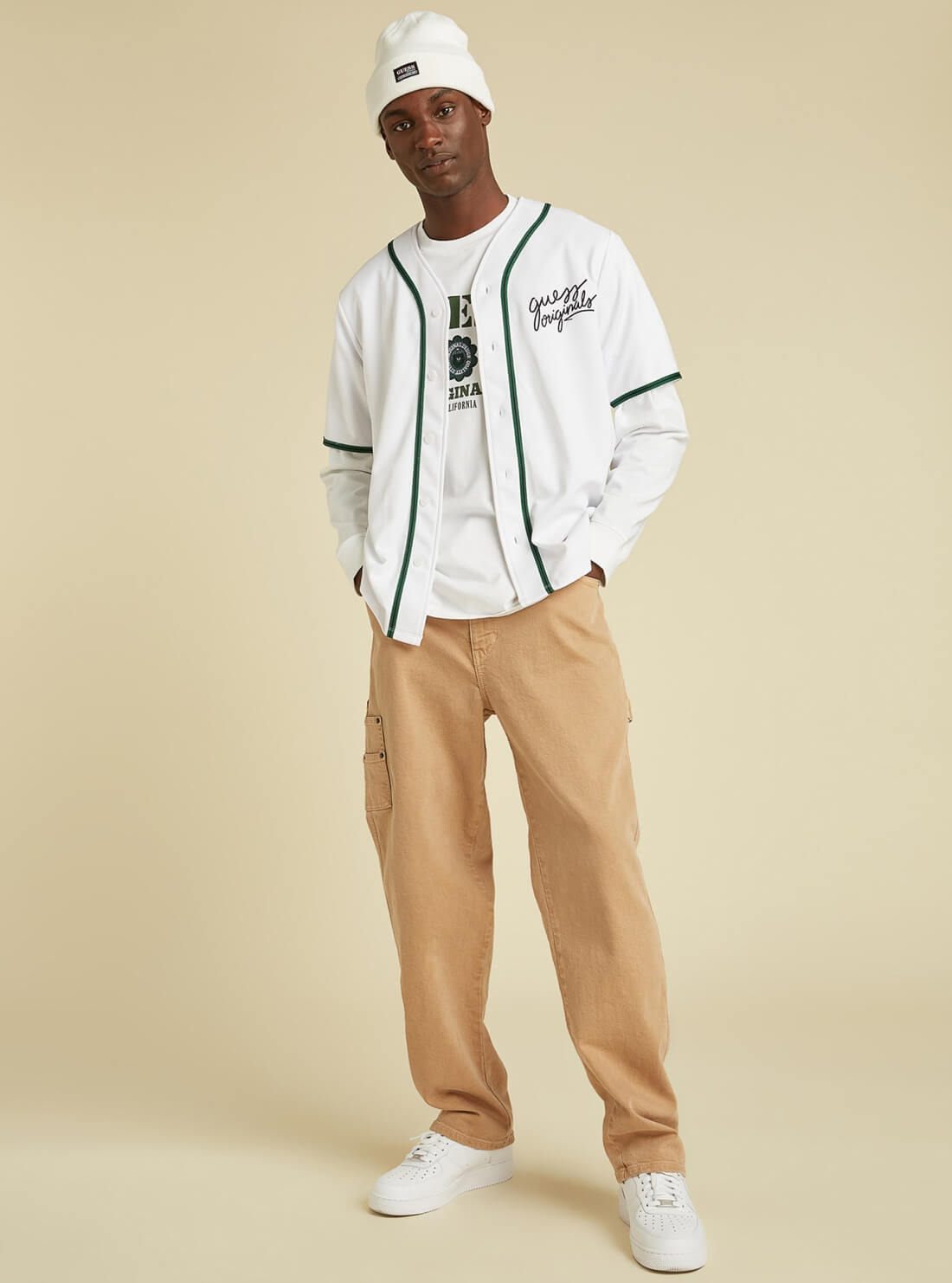 GUESS Mens GUESS Originals White Baseball Jersey M1BP14K7PU0 Full View