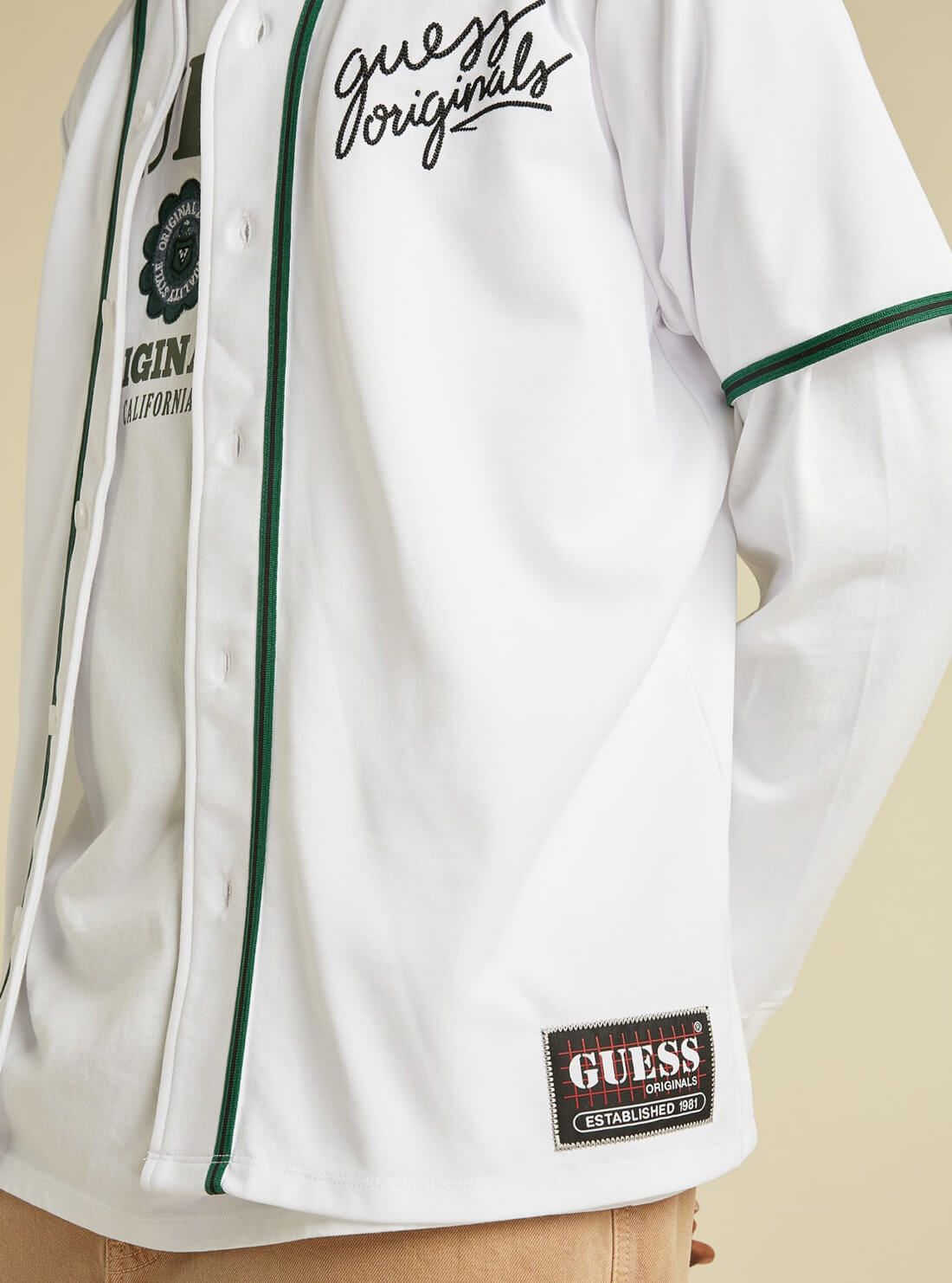 GUESS Mens GUESS Originals White Baseball Jersey M1BP14K7PU0 Detail View