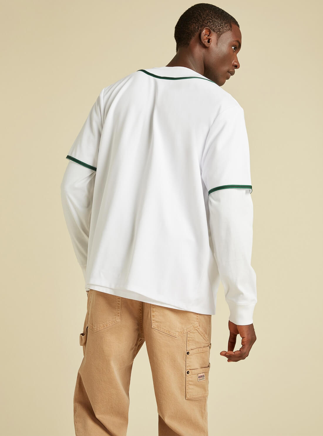 GUESS Mens GUESS Originals White Baseball Jersey M1BP14K7PU0 Model Back View