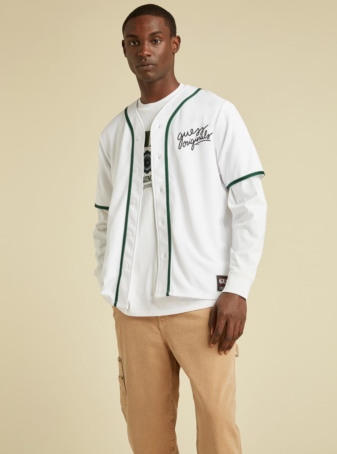GUESS Mens GUESS Originals White Baseball Jersey M1BP14K7PU0 Model Pose View