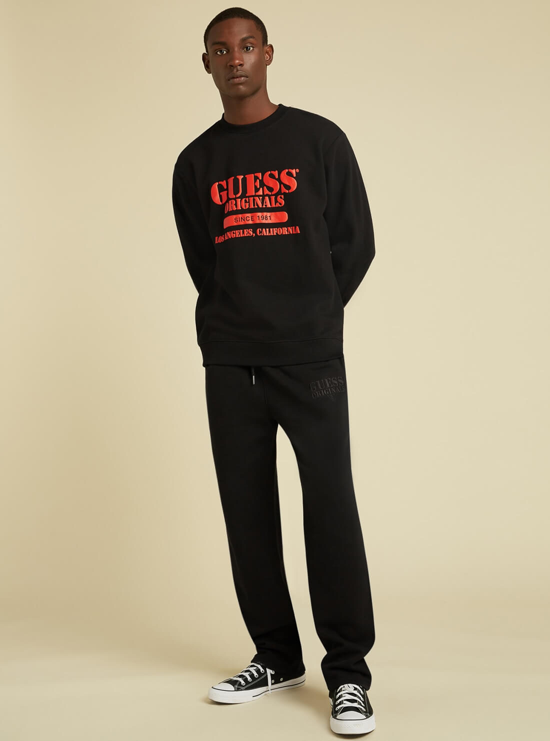 GUESS Mens GUESS Originals Black Shawn Kit Jogger Pants M1BQ15KA1B0 Model Full View