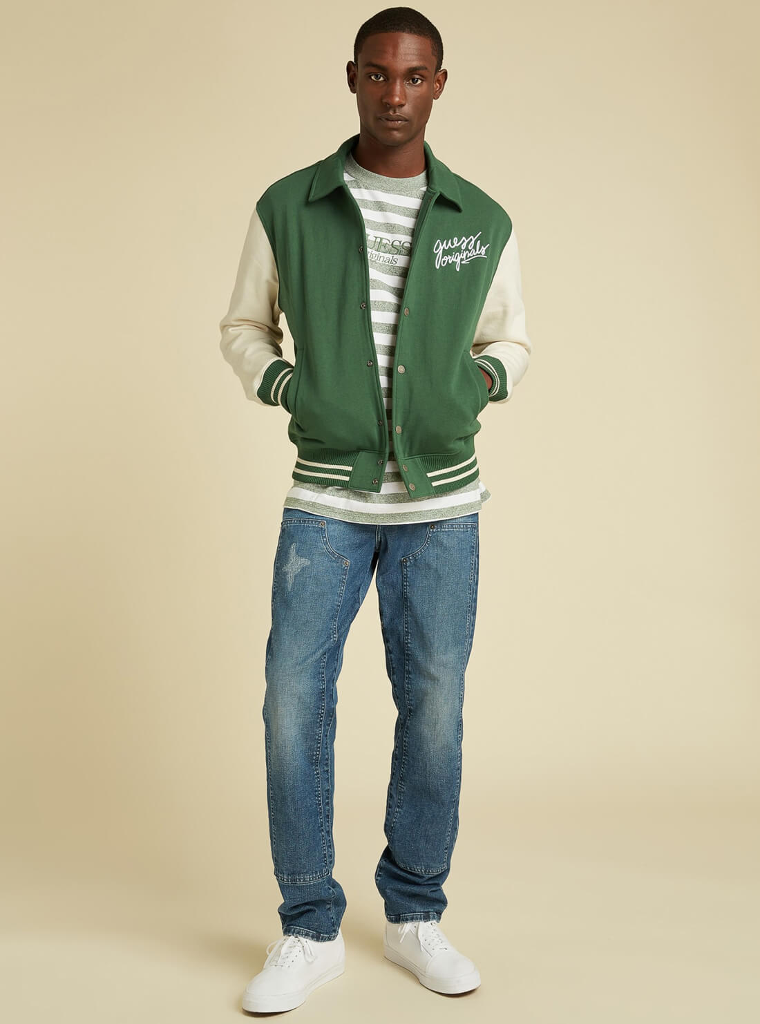 GUESS Mens GUESS Originals Green Elliot Varsity Bomber Jacket M1BQ25K9YH0 Full View