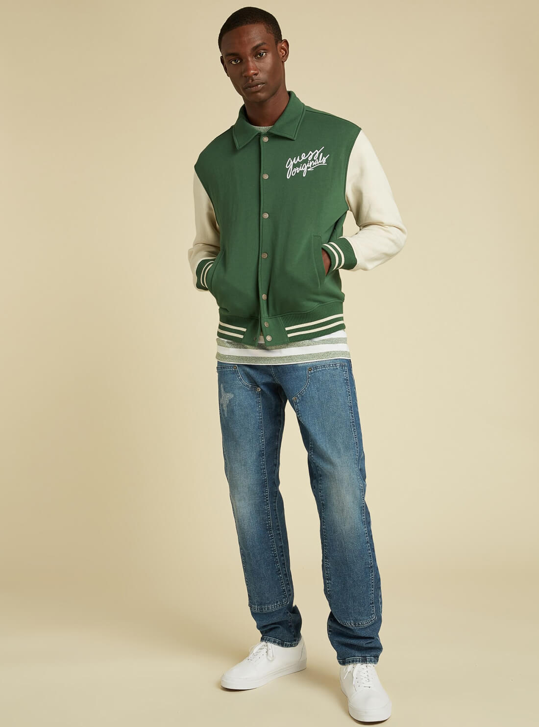 GUESS Mens GUESS Originals Green Elliot Varsity Bomber Jacket M1BQ25K9YH0 Full View 2