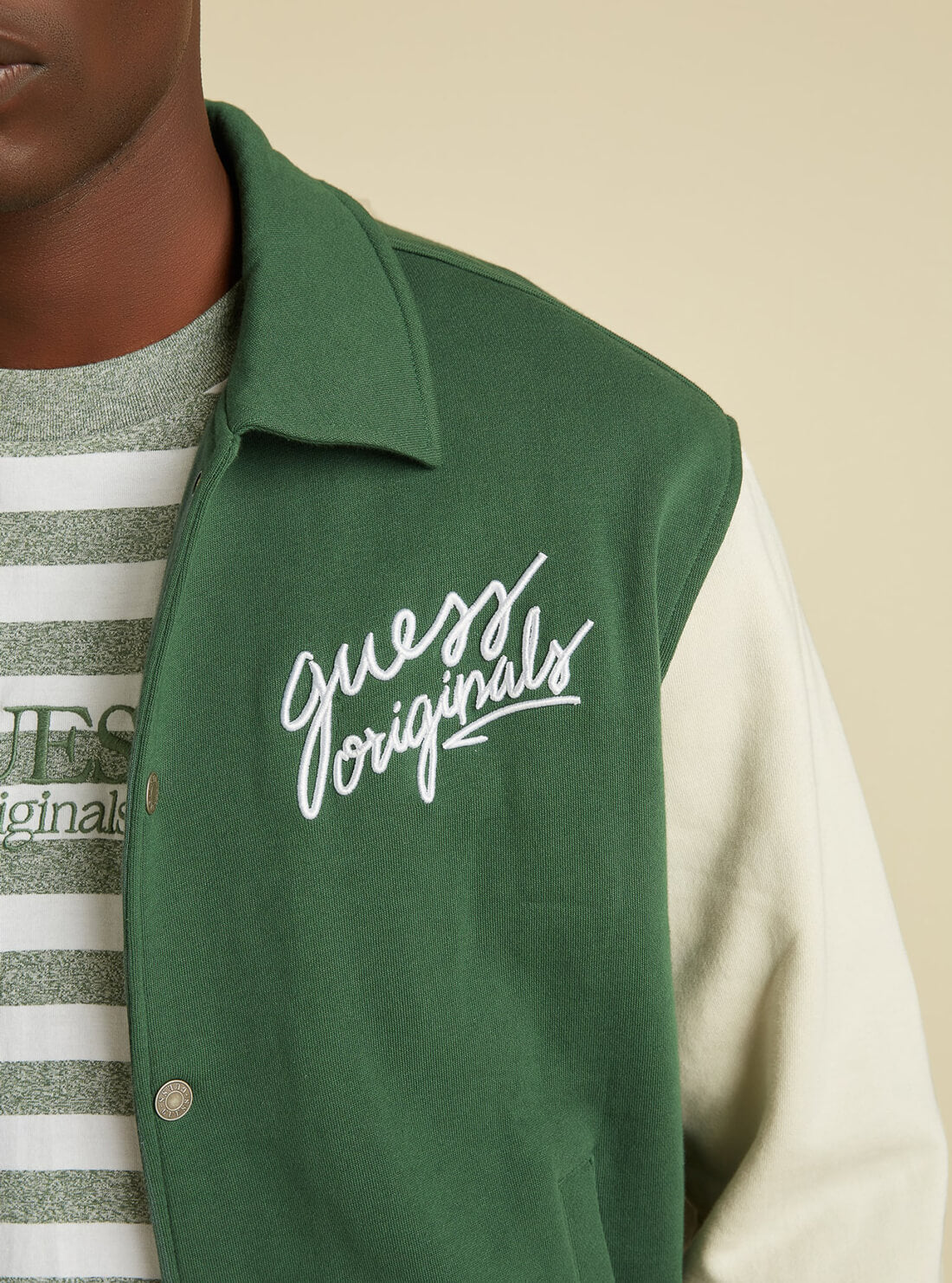 GUESS Mens GUESS Originals Green Elliot Varsity Bomber Jacket M1BQ25K9YH0 Detail View